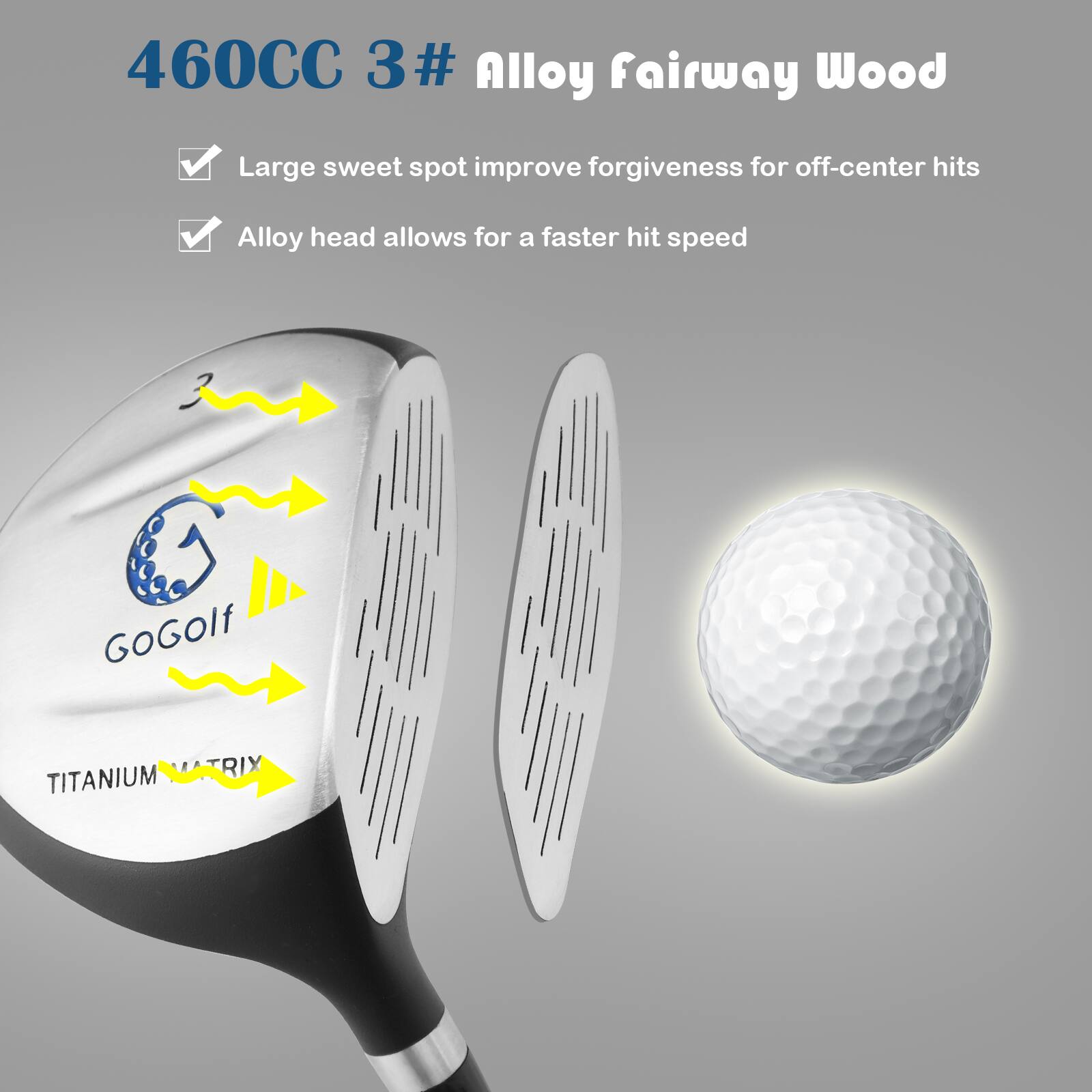460CC 3# Alloy Fairway Wood

- Large sweet spot improves forgiveness for off-center hits
- Alloy head allows for a faster hit speed

GOGolf TITANIUM MATRIX