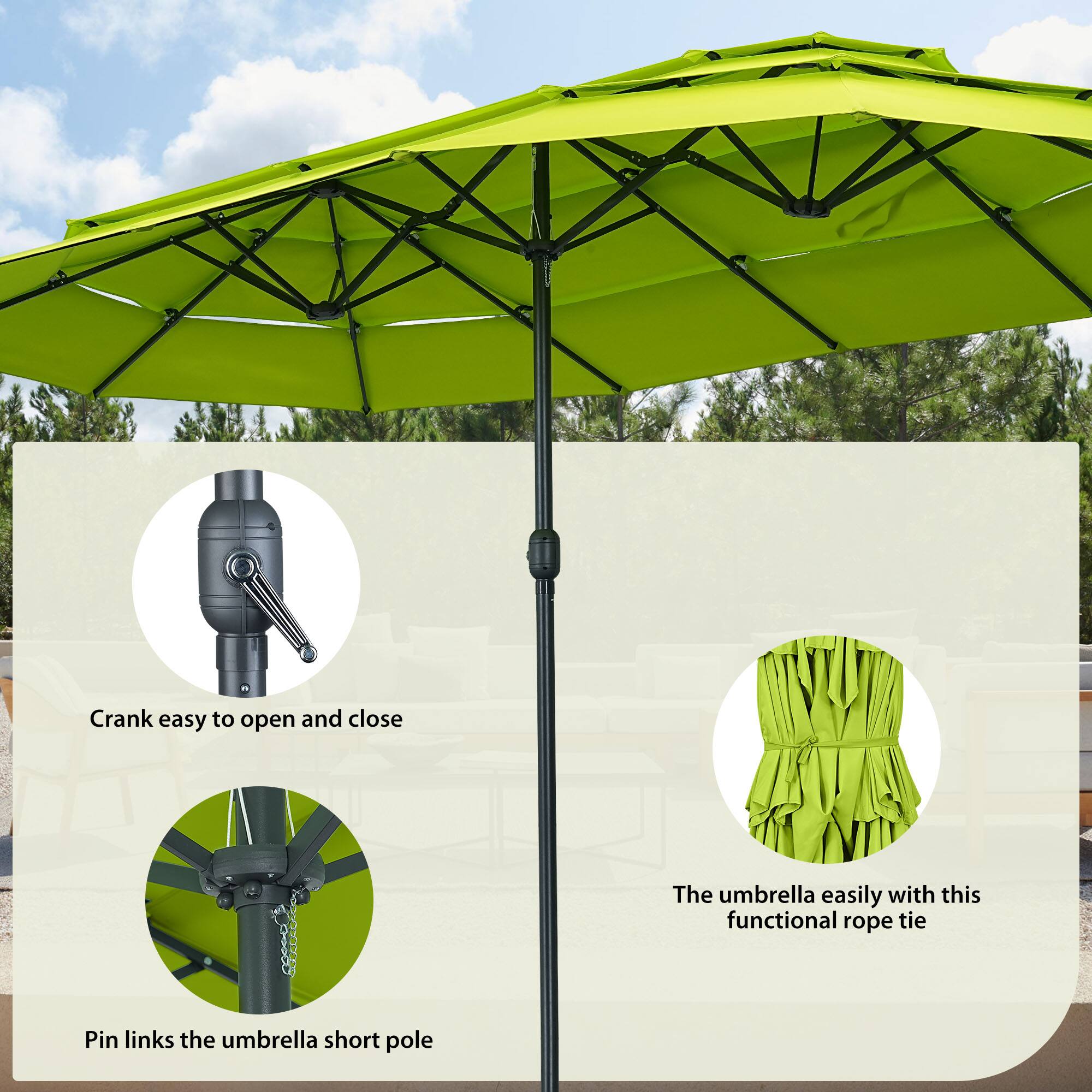 Crank easy to open and close  
The umbrella easily with this functional rope tie  
Pin links the umbrella short pole