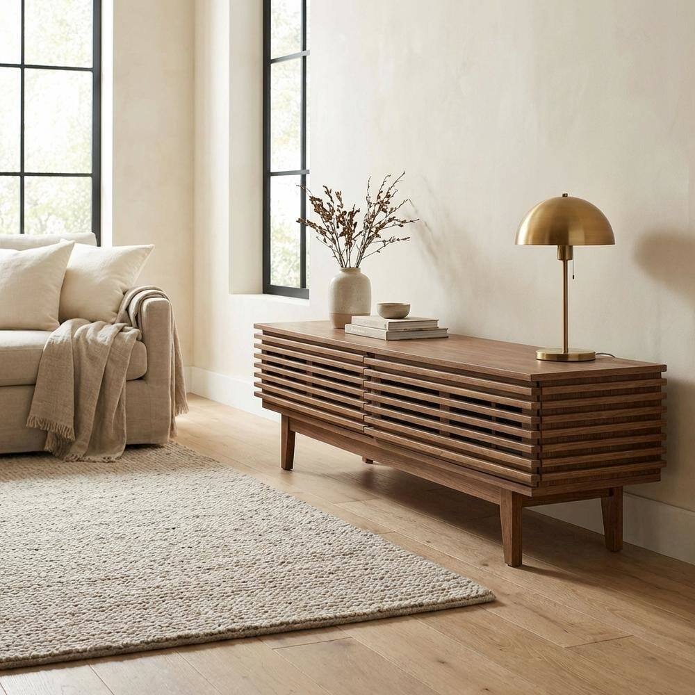 Left. FurniFact - Brown wood TV stand with modern design and sturdy construction - Brown.