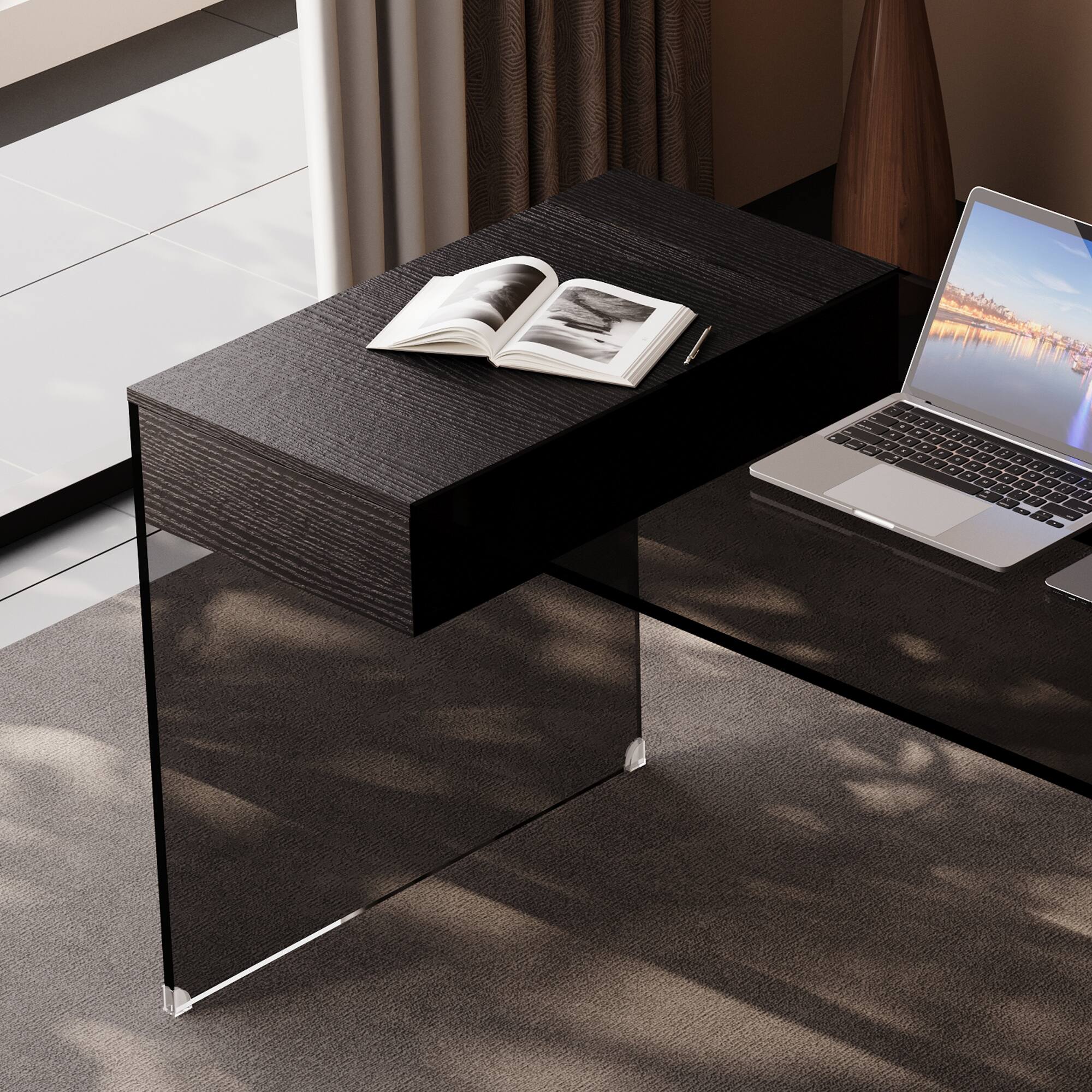 Alt View 2. luck idea - 53.14" Tempered Glass Desk With Storage Space - Black Glass.