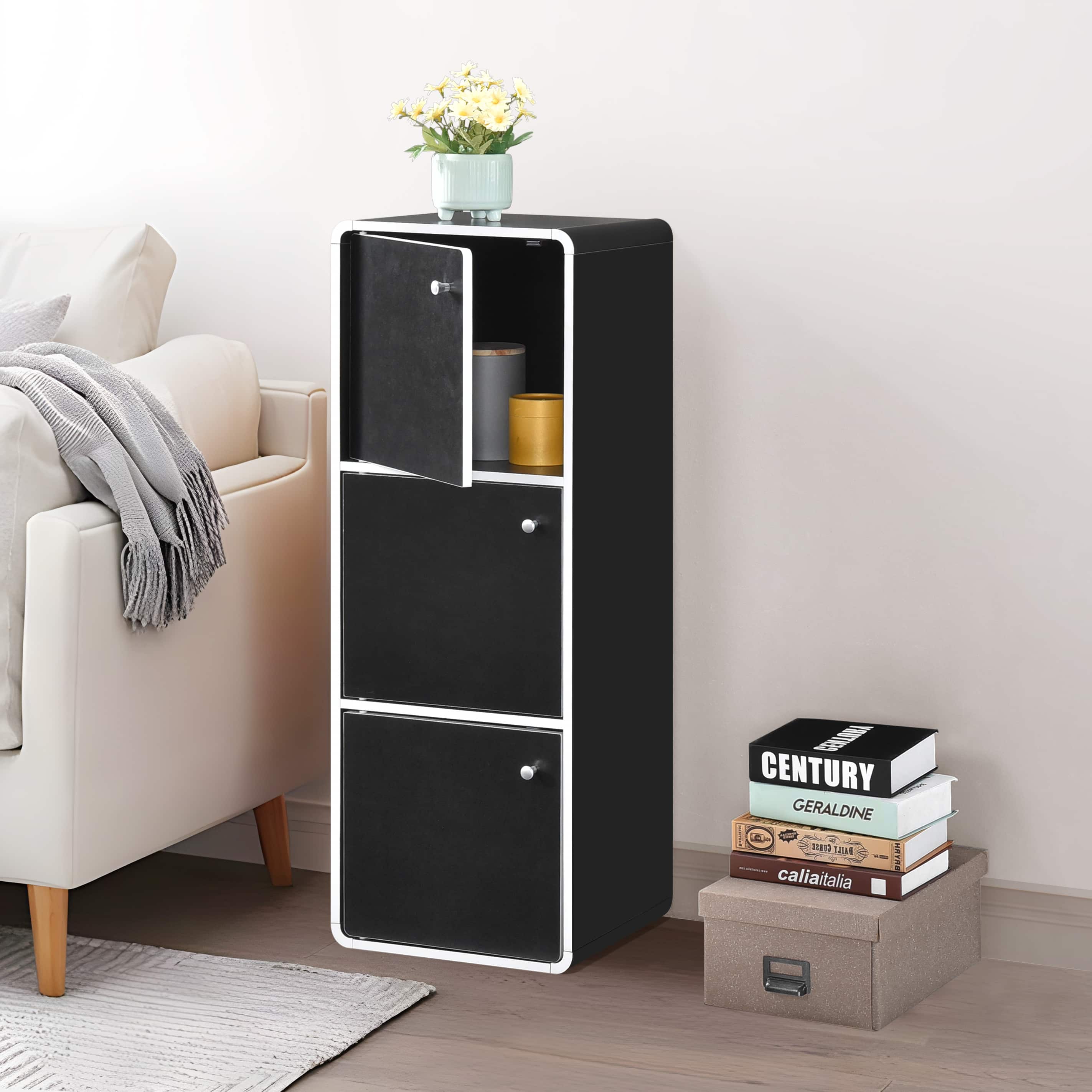 Kings Brand Furniture - Dothan Wood 3-Cubed Closed Bookcase - Storage Shelf Organizer Bookshelf - Black