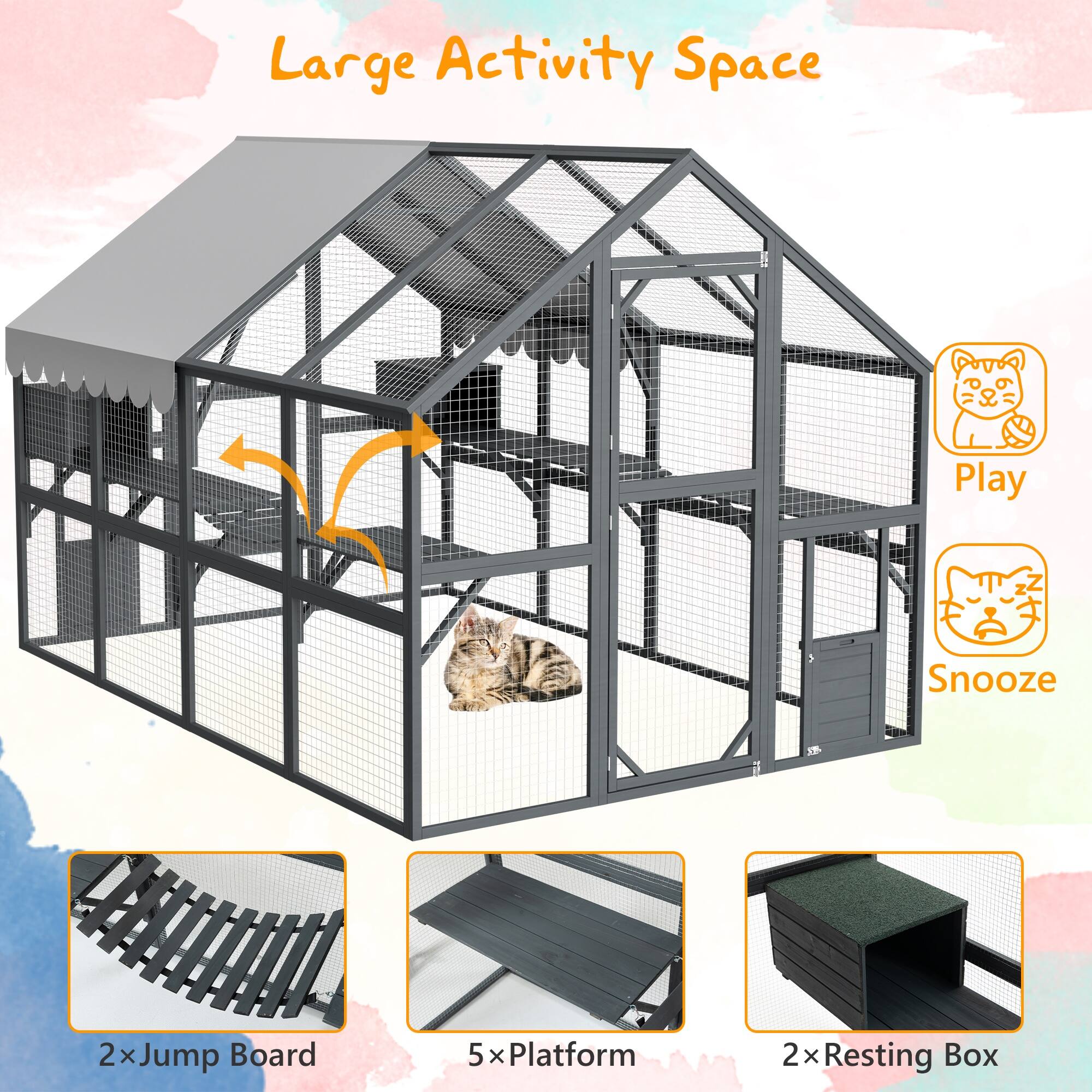 Large Activity Space  
Play Snooze  
2 x Jump Board  
5 x Platform  
2 x Resting Box
