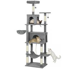 Pawhut - Flower Cat Tree, 74" Large Cat Tower w/Metal Frame Hammock, Scratcher Ramp, 3 Sisal Posts, 2 Condos, Dangling Toy Ball - Dark Gray
