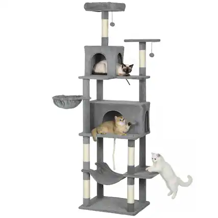 Front. Pawhut - Flower Cat Tree, 74" Large Cat Tower w/Metal Frame Hammock, Scratcher Ramp, 3 Sisal Posts, 2 Condos, Dangling Toy Ball - Dark Gray.