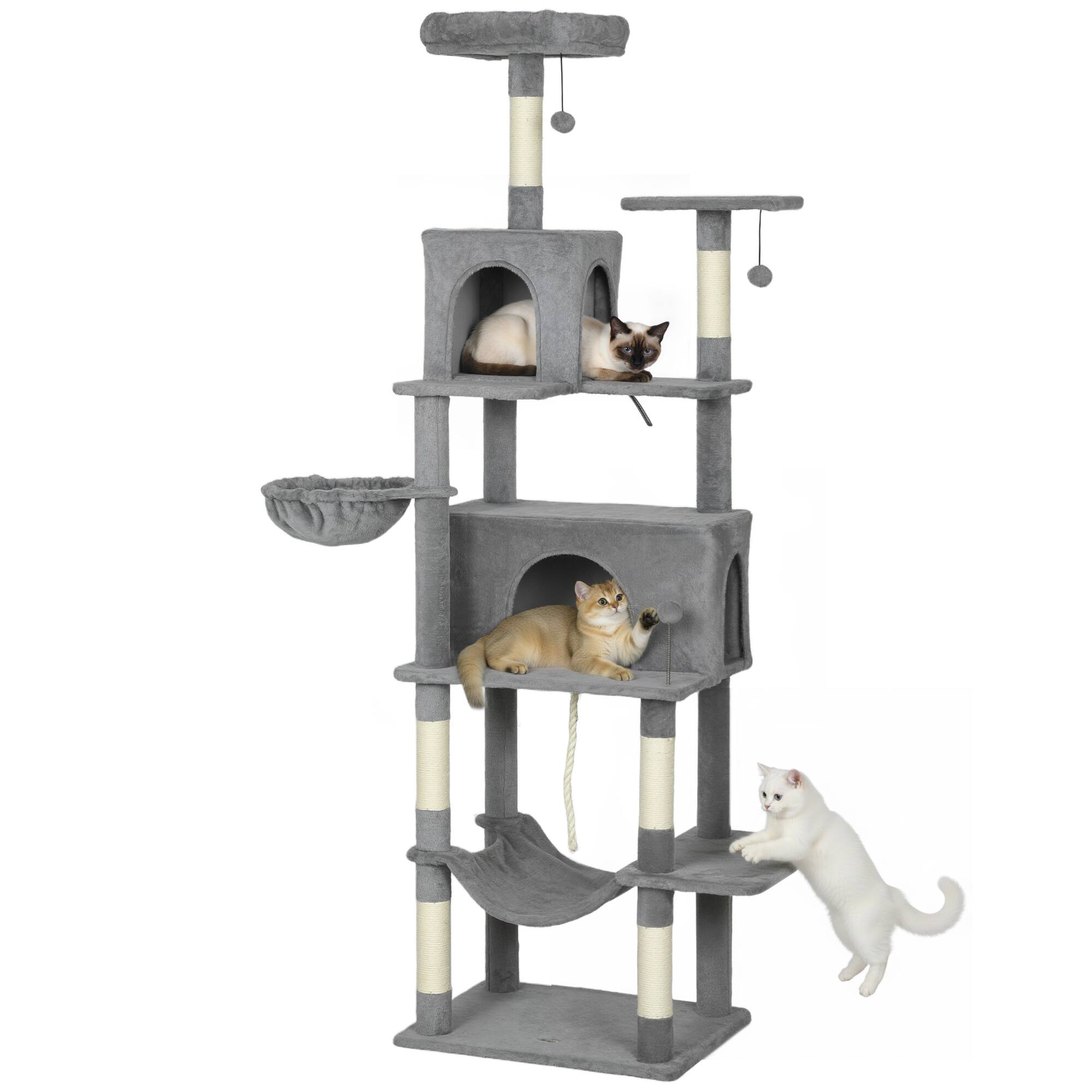 Front. Pawhut - Flower Cat Tree, 74" Large Cat Tower w/Metal Frame Hammock, Scratcher Ramp, 3 Sisal Posts, 2 Condos, Dangling Toy Ball - Dark Gray.