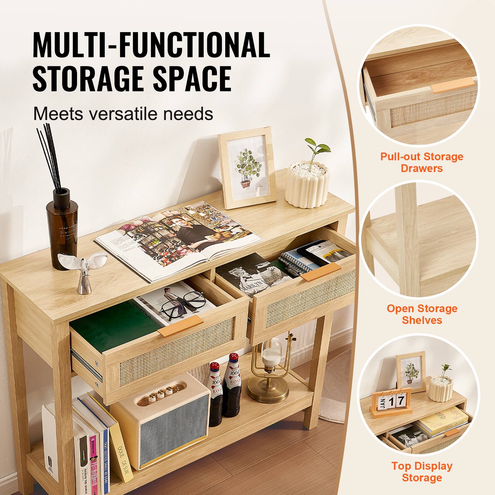 MULTI-FUNCTIONAL STORAGE SPACE  
Meets versatile needs  

Pull-out Storage Drawers  
Open Storage Shelves  
Top Display Storage