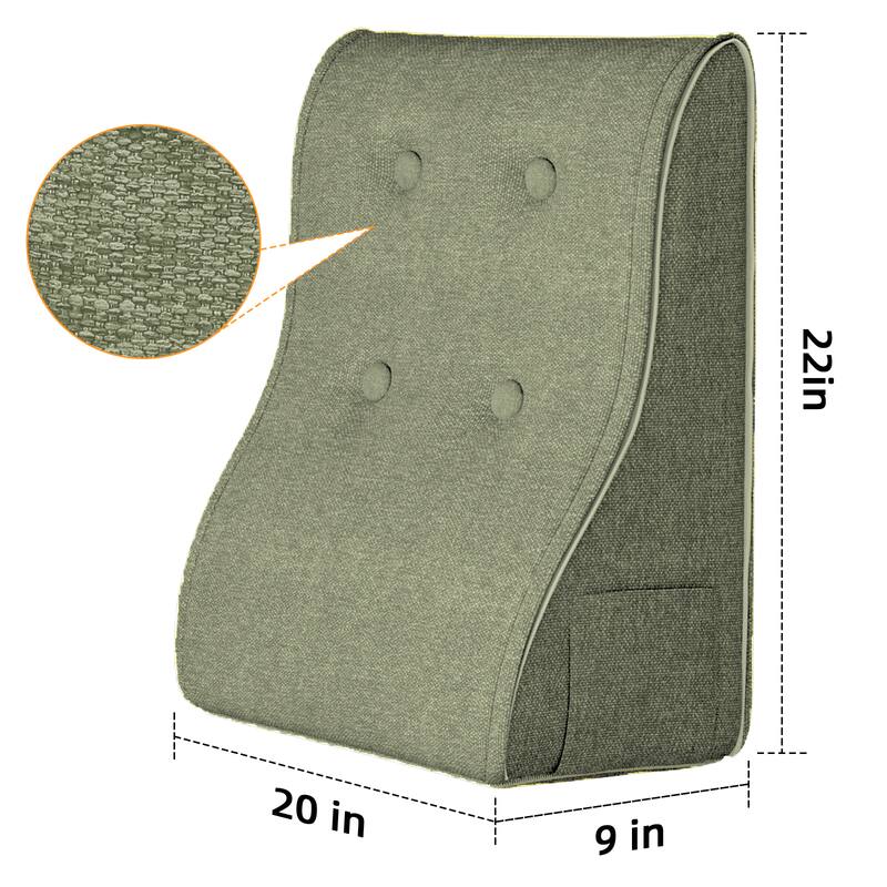 Left. wowmax - Reading in Bed Pillow - Lumbar Support w/Side Pocket - Linen Green - Long Pillow (20x9x22in) - Green.
