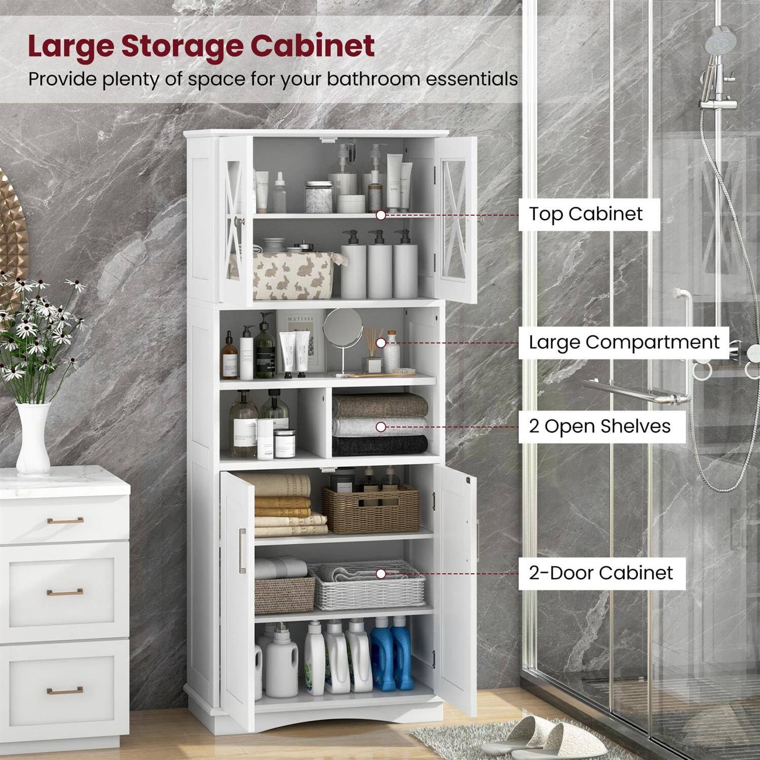 Large Storage Cabinet  
Provide plenty of space for your bathroom essentials  

- Top Cabinet  
- Large Compartment  
- 2 Open Shelves  
- 2-Door Cabinet