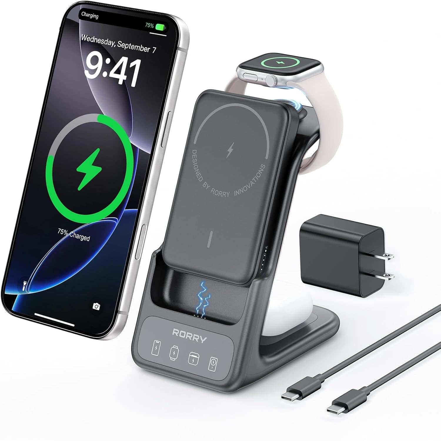 RORRY - AuraDock 3-in-1 10000mAh Charging Station, 30W Magnetic Wireless Charger for iPhone, Apple Watch & AirPods - Dark Gray