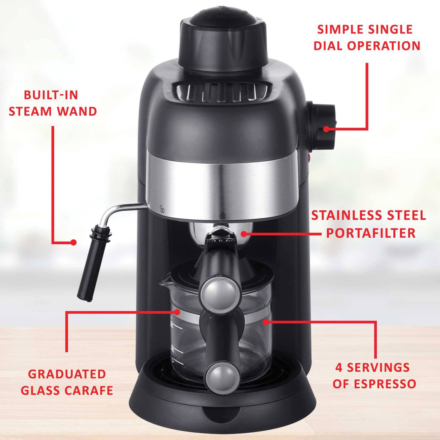 - SIMPLE SINGLE DIAL OPERATION
- BUILT-IN STEAM WAND
- STAINLESS STEEL PORTAFILTER
- GRADUATED GLASS CARAFE
- 4 SERVINGS OF ESPRESSO