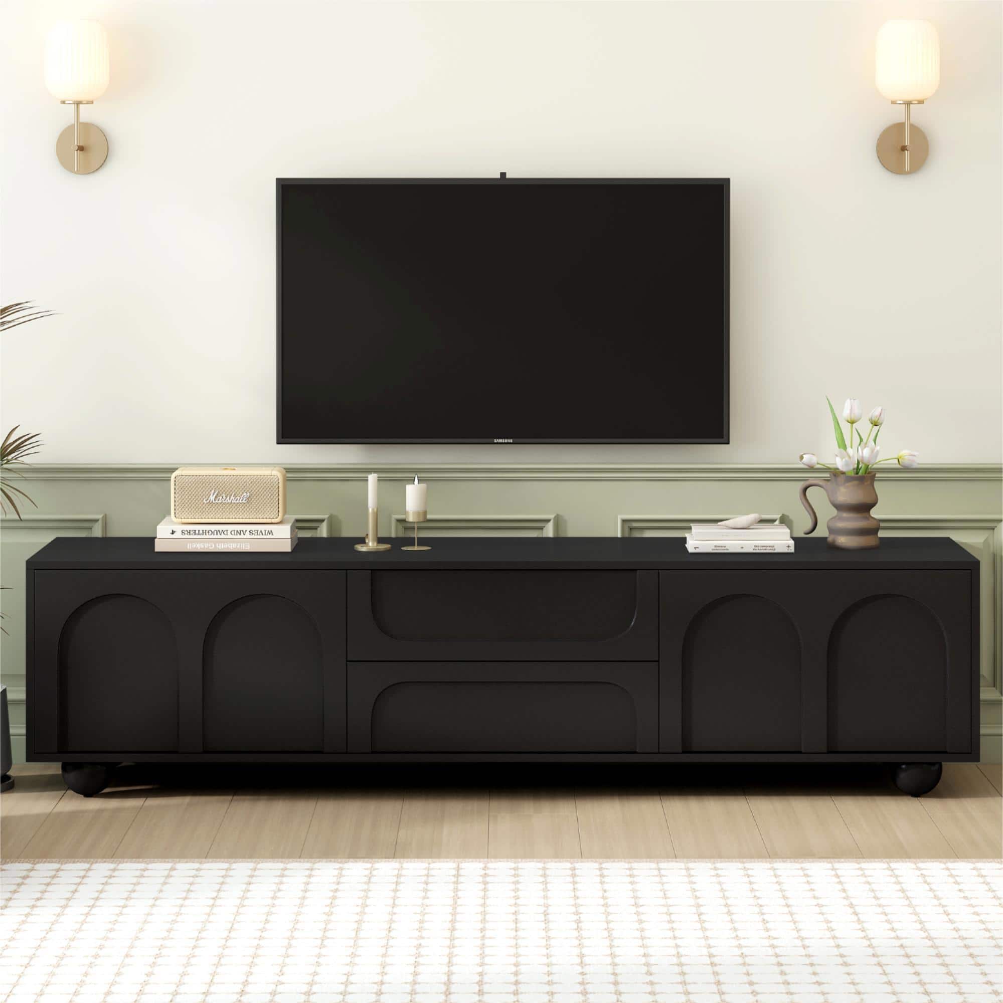 Spaco - TV Stand for 75" Tvs with Arched Doors, Minimalist Media Console with 2 Drawers, 5 Iron Legs, for Living Room - Black