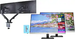 HP - 27mq 27'' QHD IPS, Anti Glare, Flicker Free, HDMI, Black (1F2J9AA#ABA) 2 Pack w/DKZ Hub & Ergoflexy Dual Mount Arm - Black/Silver