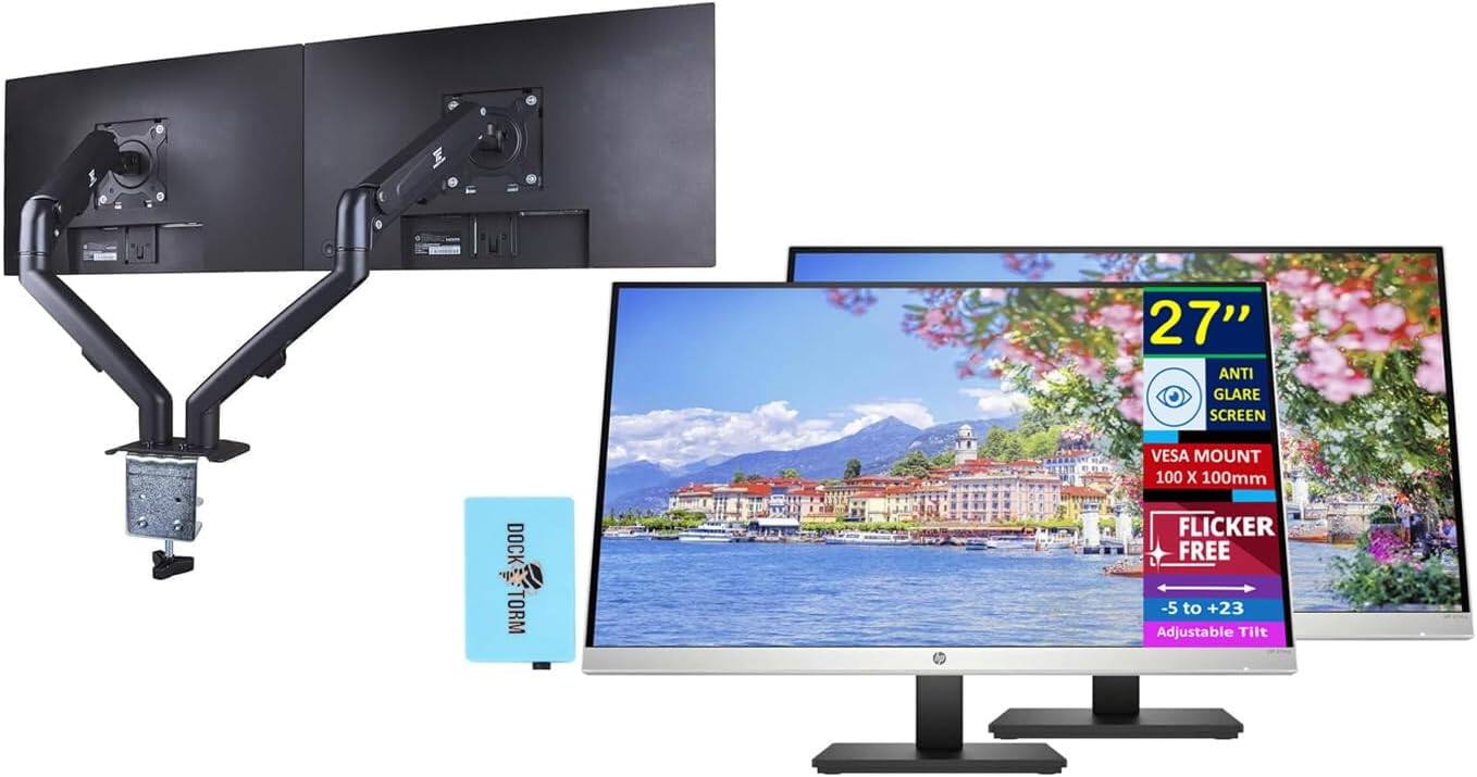 HP - 27mq 27'' QHD IPS, Anti Glare, Flicker Free, HDMI, Black (1F2J9AA#ABA) 2 Pack w/DKZ Hub & Ergoflexy Dual Mount Arm - Black/Silver