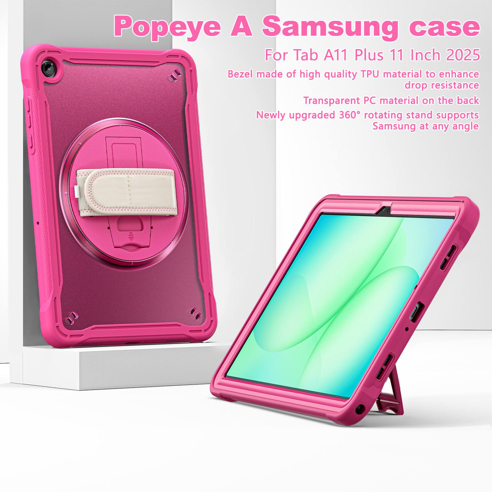 Popeye A Samsung case For Tab A11 Plus 11 Inch 2025

Bezel made of high quality TPU material to enhance drop resistance

Transparent PC material on the back

Newly upgraded 360° rotating stand supports Samsung at any angle