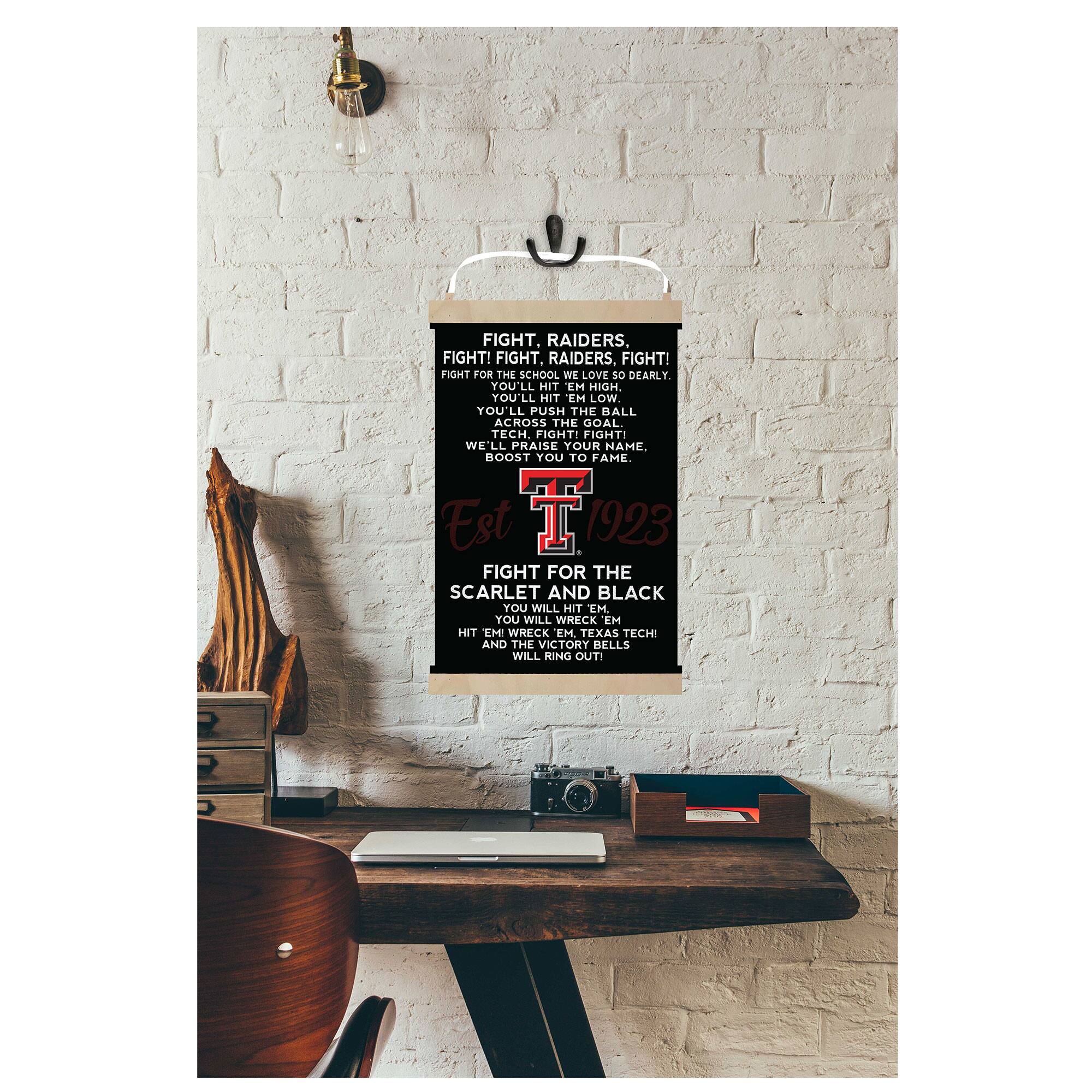 FIGHT, RAIDERS. FIGHT!  
FIGHT, RAIDERS, FIGHT!  
FIGHT FOR THE SCHOOL WE LOVE SO DEARLY YOU'LL HIT 'EM HIGH, YOU'LL HIT 'EM LOW. YOU'LL PUSH THE BALL ACROSS THE GOAL. TECH. FIGHT! FIGHT! WE'LL PRAISE YOUR NAME. BOOST YOU TO FAME.  

Est 1923  

FIGHT FOR THE SCARLET AND BLACK  
YOU WILL HIT 'EM, YOU WILL WRECK 'EM, HIT 'EM, WRECK 'EM. TEXAS TECH AND THE VICTORY BELLS WILL RING OUT!