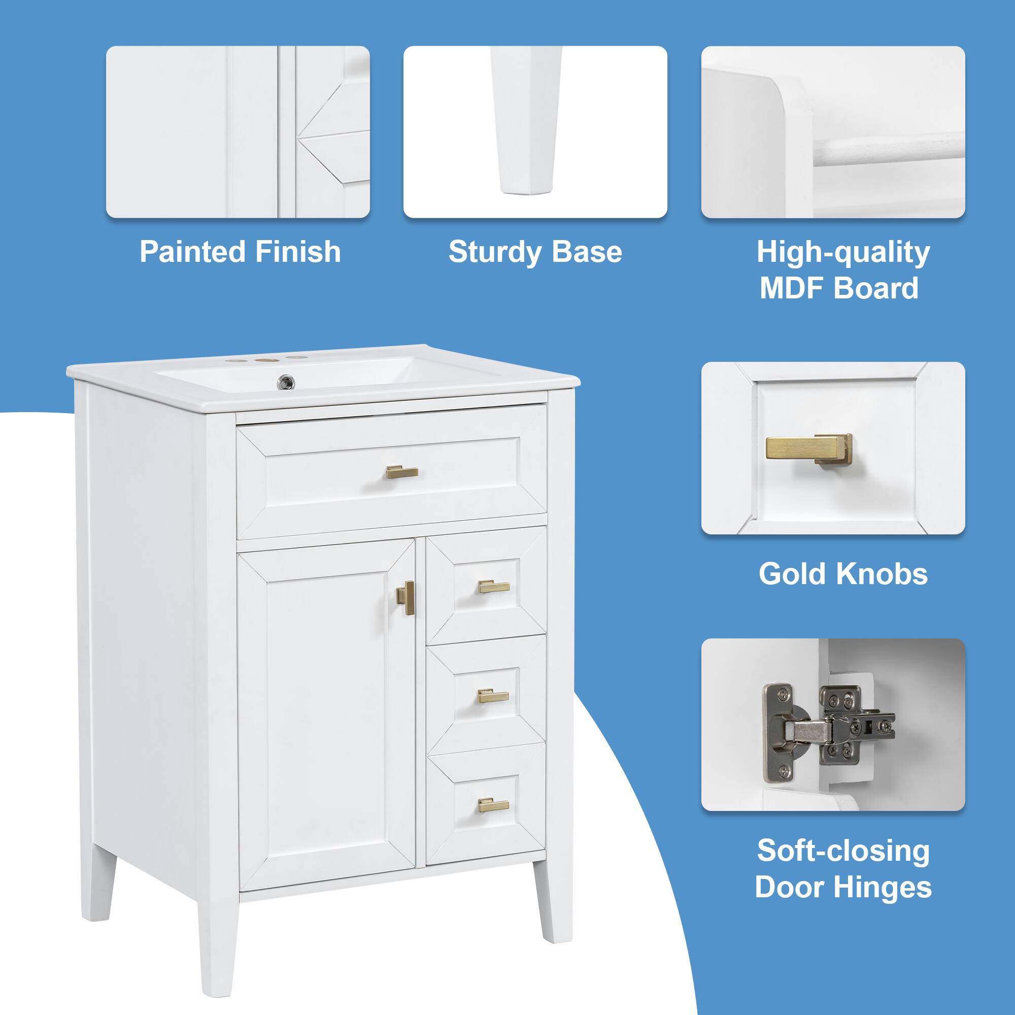 Painted Finish, Sturdy Base, High-quality MDF Board, Gold Knobs, Soft-closing Door Hinges