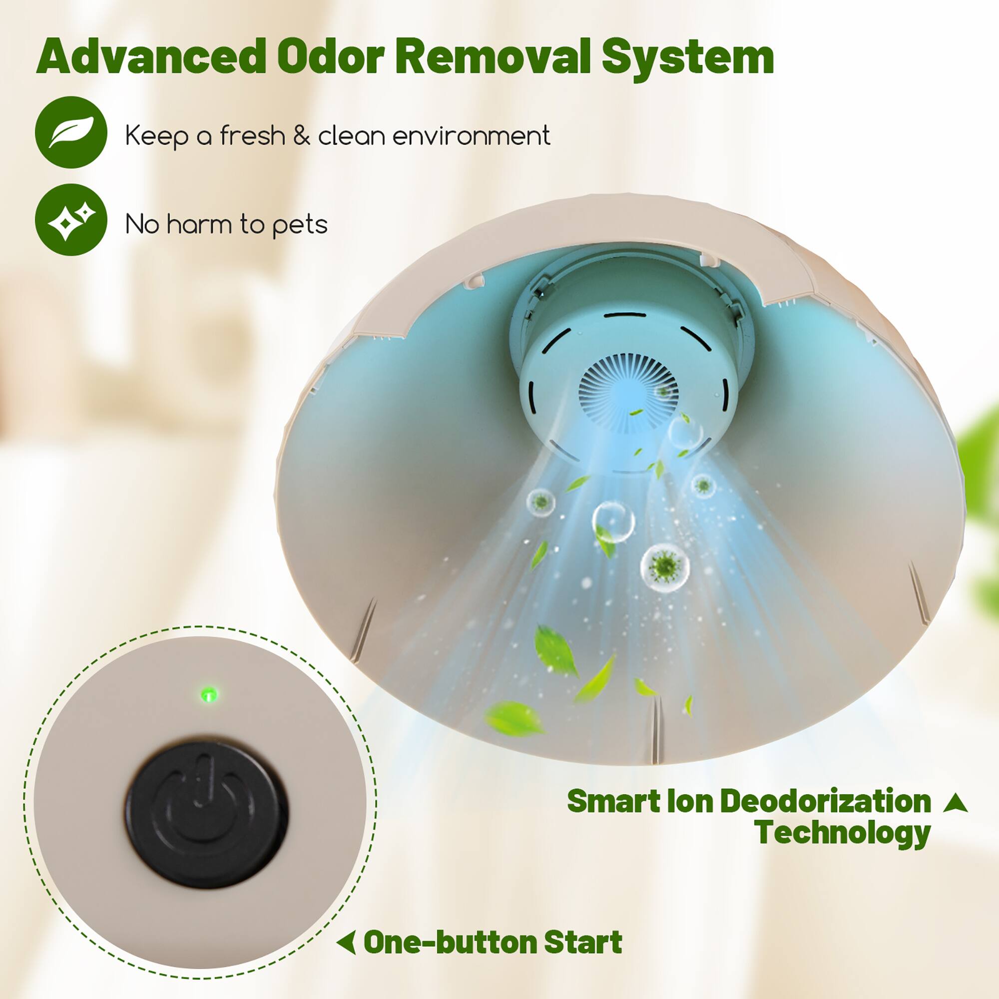 Advanced Odor Removal System

- Keep a fresh & clean environment
- No harm to pets
- Smart Ion Deodorization Technology
- One-button Start