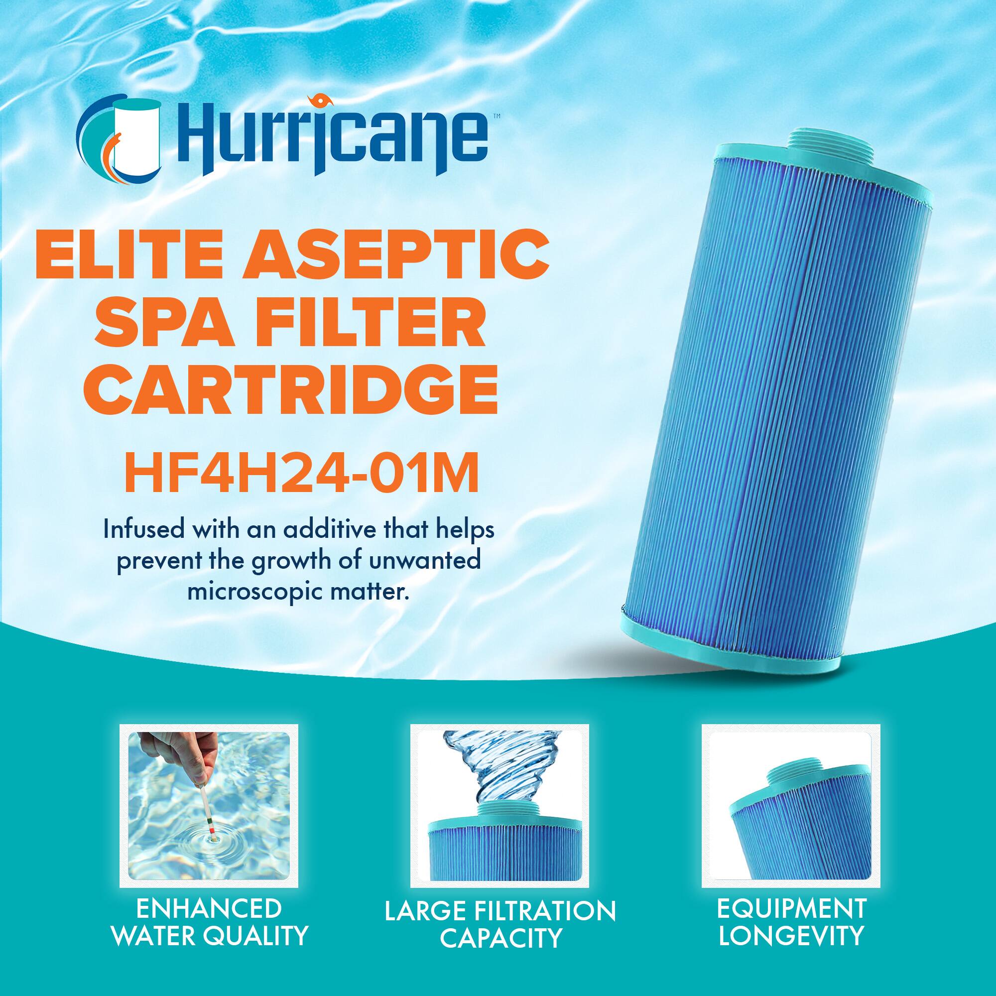 Hurricane  
ELITE ASEPTIC SPA FILTER CARTRIDGE  
HF4H24-01M  

Infused with an additive that helps prevent the growth of unwanted microscopic matter.  

ENHANCED WATER QUALITY  
LARGE FILTRATION CAPACITY  
EQUIPMENT LONGEVITY