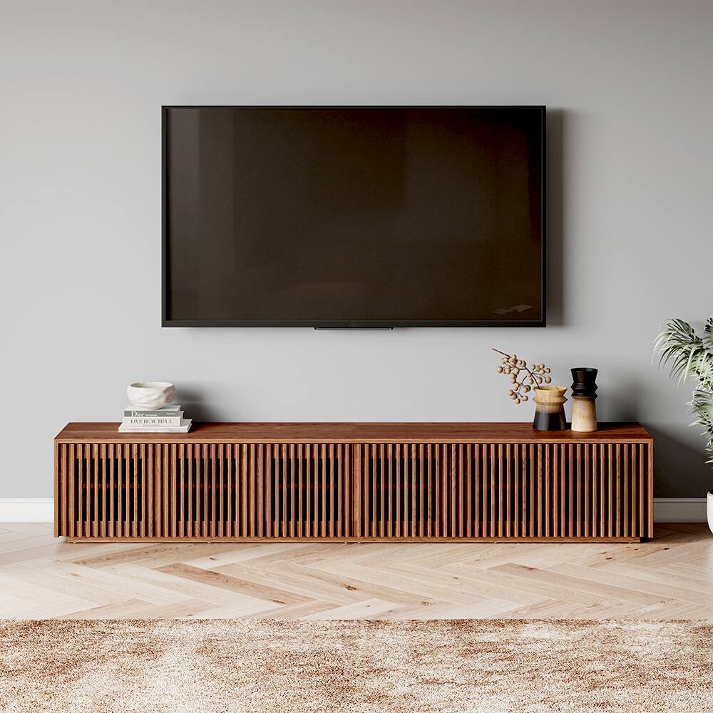 Angle. POVISON - 95" Modern Wood TV Stand, Minimalist Slatted Entertainment Center,Media Console Perfect for 85-inch TVs - Walnut Color.