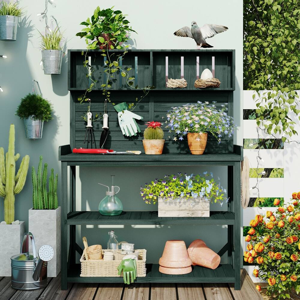 Back. Loheer - Loheer Wooden Potting Bench Outdoor Garden Workstation with Shelves Green - Green.