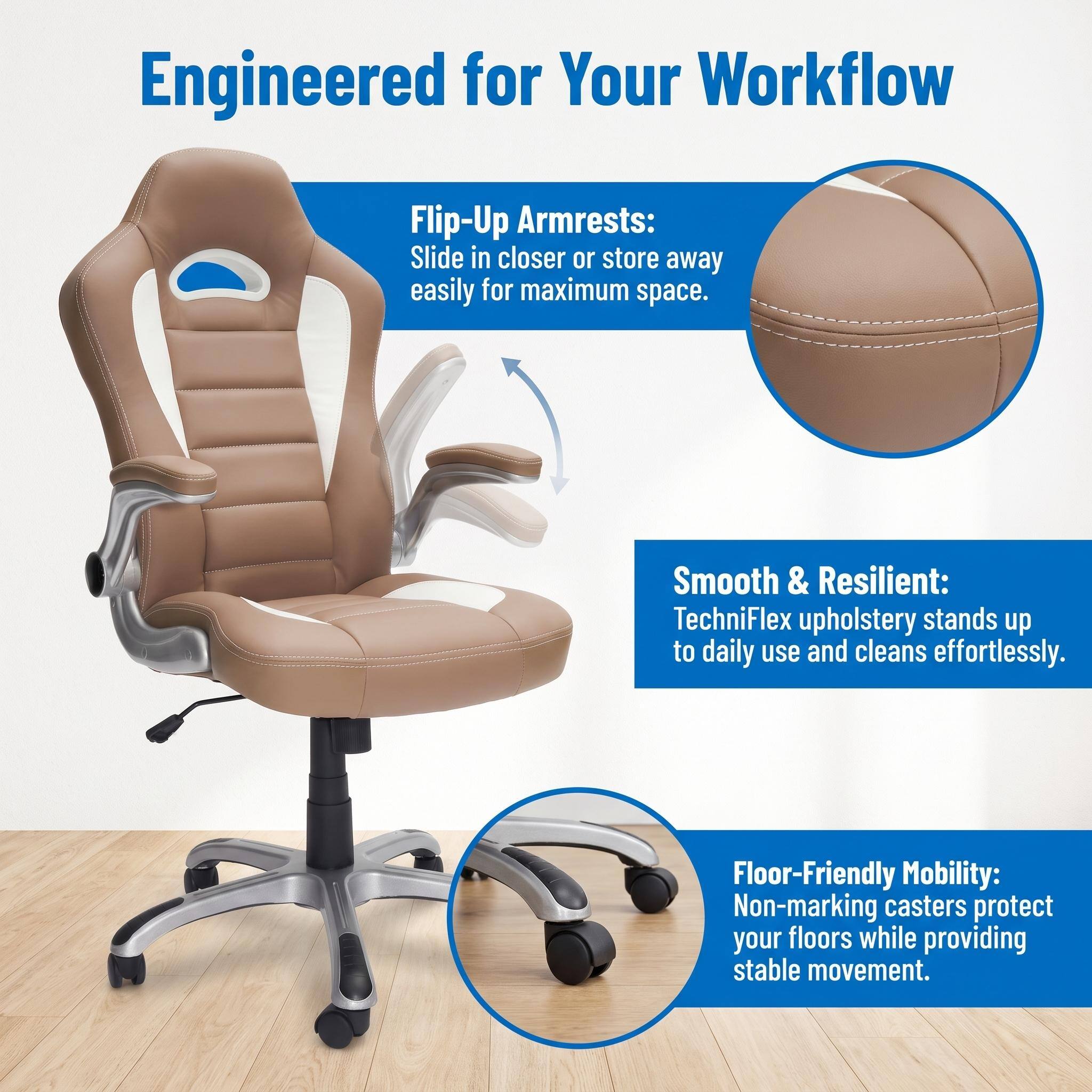 Engineered for Your Workflow

Flip-Up Armrests: Slide in closer or store away easily for maximum space.

Smooth & Resilient: TechniFlex upholstery stands up to daily use and cleans effortlessly.

Floor-Friendly Mobility: Non-marking casters protect your floors while providing stable movement.