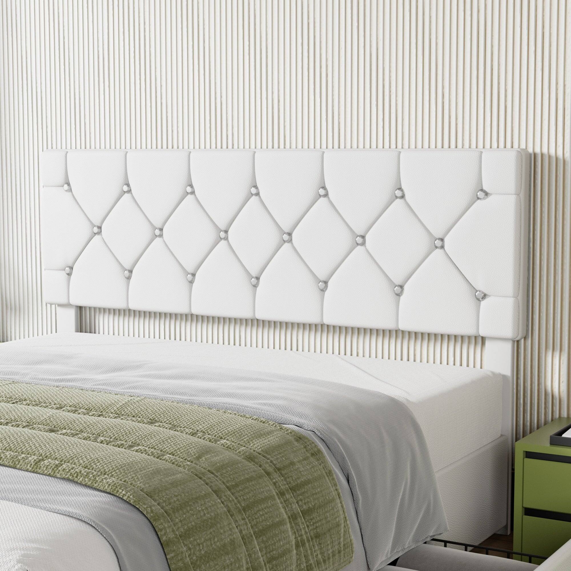 Back. Vecelo - Queen Bed Frame with Storage Drawers, Upholstered Faux Leather Platform Bed with Adjustable Headboard and Wood Slats - White.