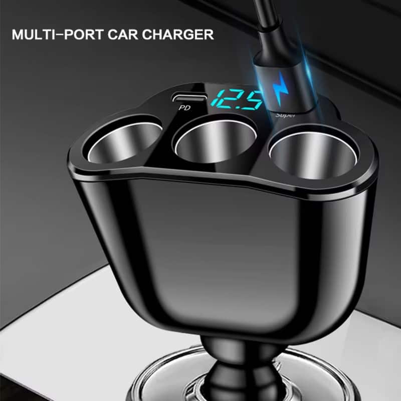 Luckbyte - 3-Socket Car Charger Splitter with LED Voltmeter - Dual USB PD & QC 3.0 Fast Charging Hub for 12V/24V Vehicles