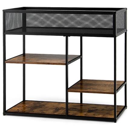 Front. Resenkos - 4-Tier Industrial Console Table with Wire Basket and shelf-Rustic Brown, Narrow Console Table, Entryway Hall Table - Brown.