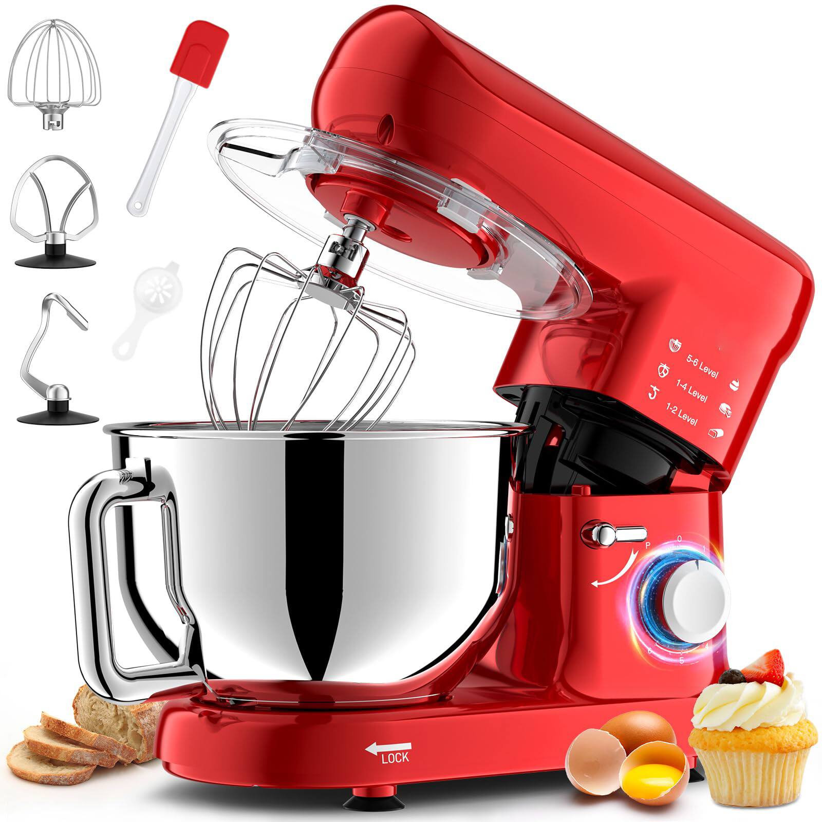 GlowWise - Powerful 660W Stand Mixer, 6.5-QT 6-Speed with Dough Hook & Attachments for Effortless Meal Preparation - Red