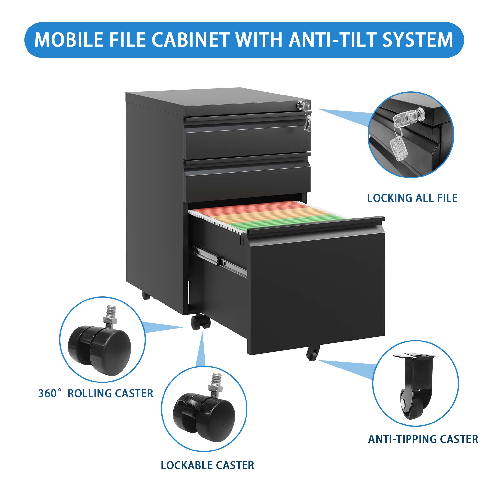 MOBILE FILE CABINET WITH ANTI-TILT SYSTEM

- LOCKING ALL FILE
- 360° ROLLING CASTER
- LOCKABLE CASTER
- ANTI-TIPPING CASTER