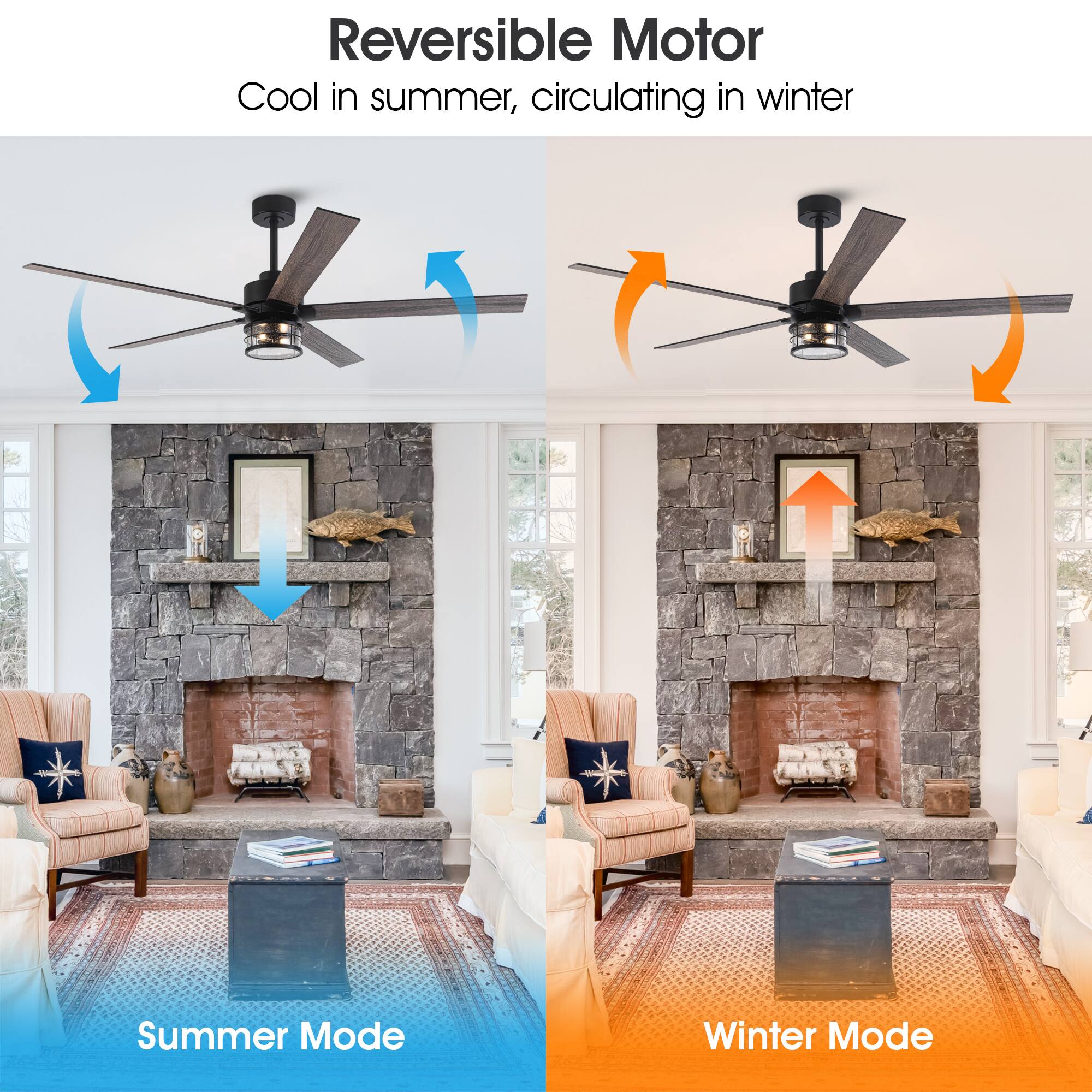 Reversible Motor  
Cool in summer, circulating in winter  

Summer Mode  
Winter Mode