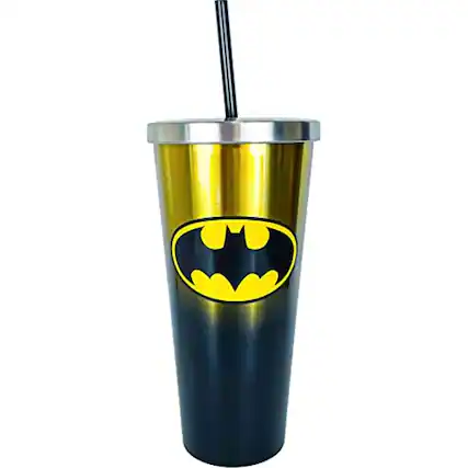 Front. Spoontiques - Spoontiques DC Comics Batman Logo Double Wall Insulated Stainless Steel Tumbler Travel Cup with Straw 24 ounce - Multicolor.