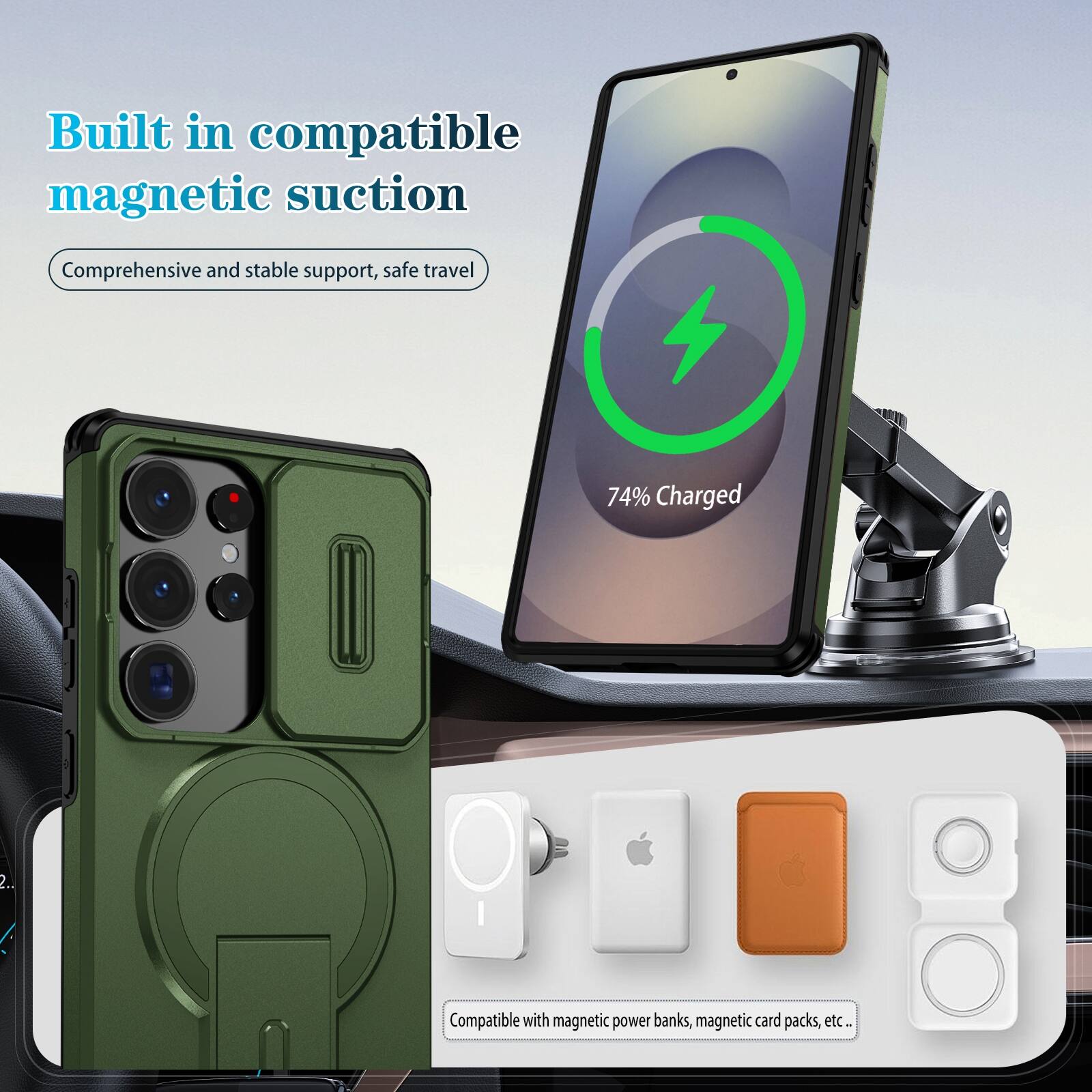 Built in compatible magnetic suction  
Comprehensive and stable support, safe travel  
74% Charged  
Compatible with magnetic power banks, magnetic card packs, etc.