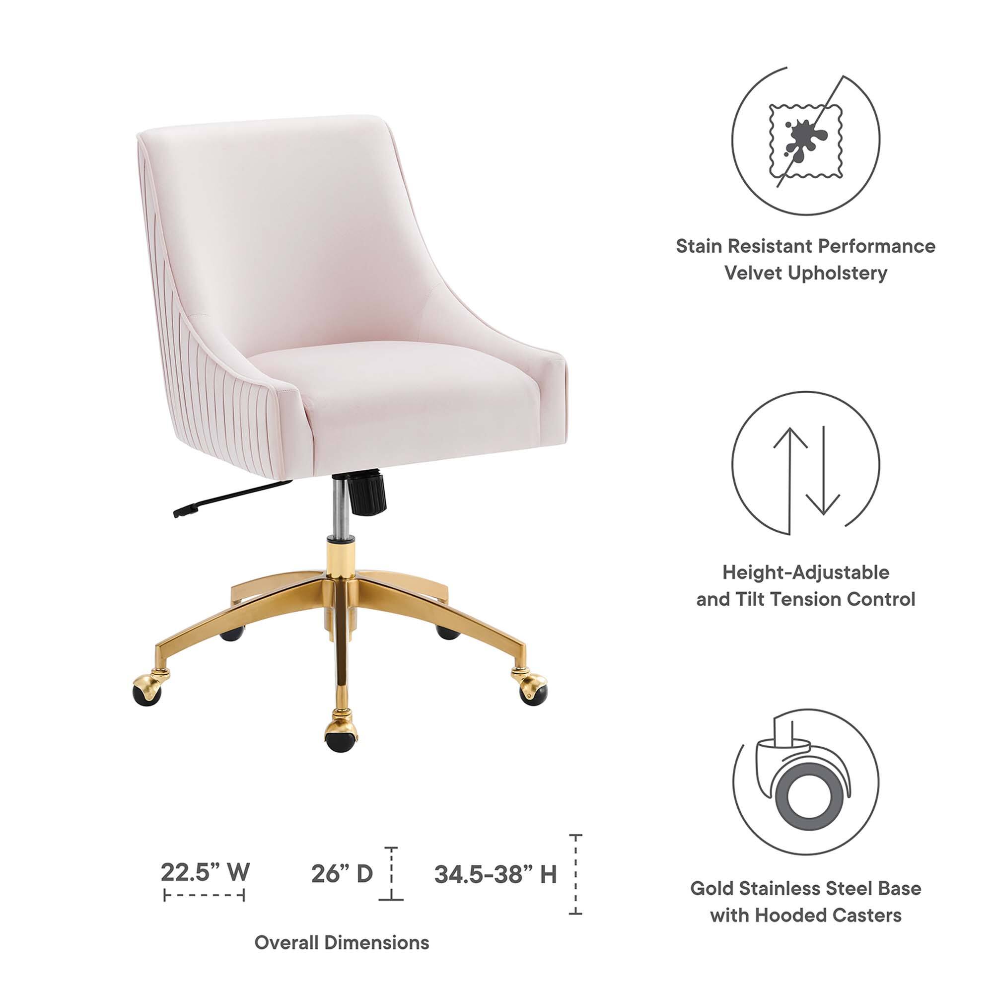 - Stain Resistant Performance Velvet Upholstery
- Height-Adjustable and Tilt Tension Control
- Overall Dimensions: 22.5" W x 26" D x 34.5-38" H
- Gold Stainless Steel Base with Hooded Casters