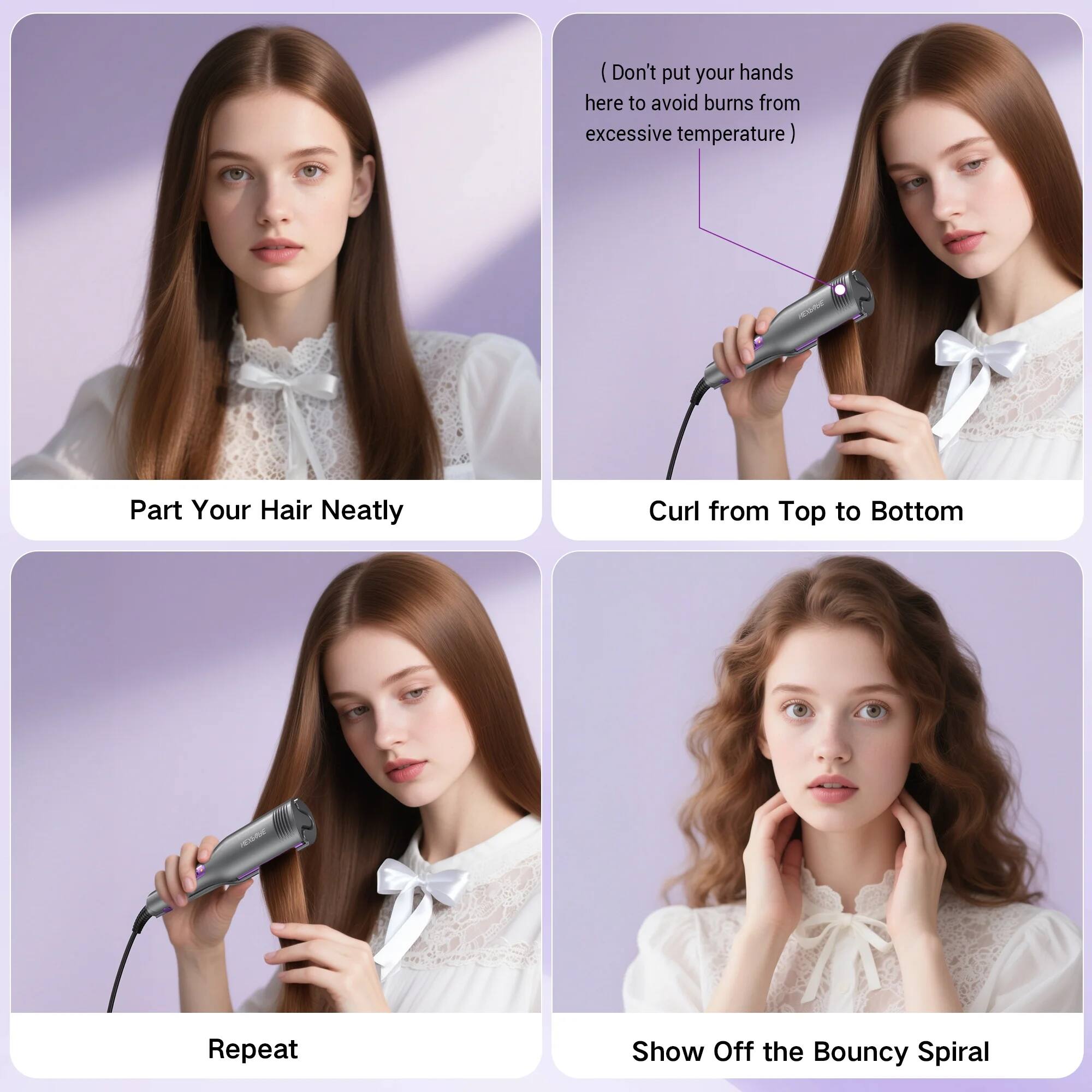 1. Part Your Hair Neatly
2. (Don't put your hands here to avoid burns from excessive temperature)
3. Curl from Top to Bottom
4. Repeat
5. Show Off the Bouncy Spiral