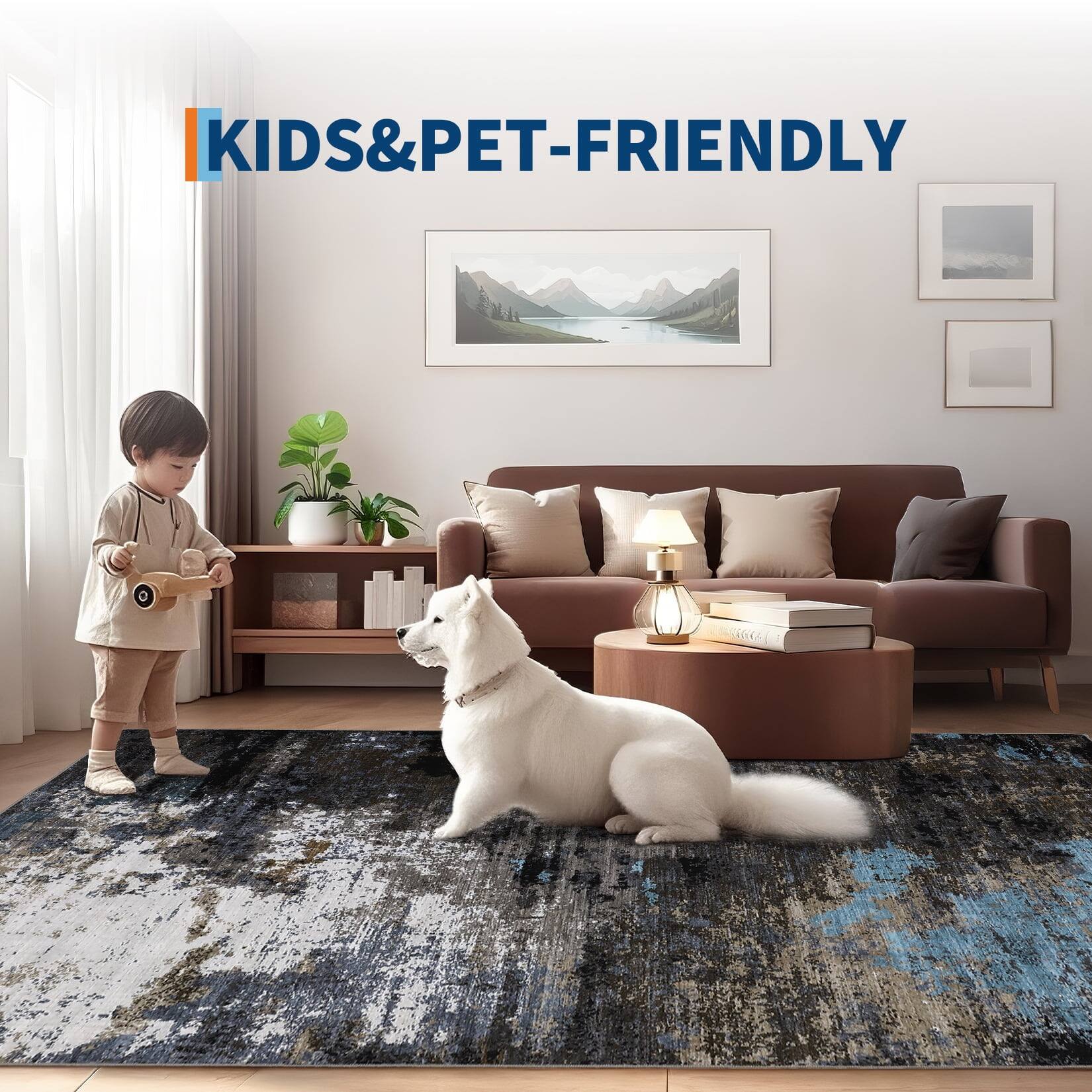 Angle. Homhougo - 10x13 Large Abstract Area Rug, Washable Non-Slip Low Pile for Living Room Dining Office Farmhouse Brown - Brown.