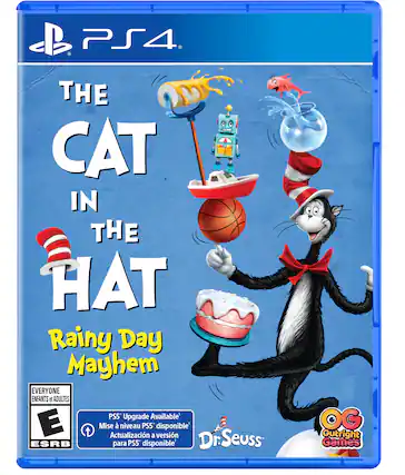 PS4. THE CAT IN THE HAT Rainy Day Mayhem EVERYONE ENFANTS et ADULTES PS5 Upgrade Available E Mise à niveau PS5 disponible' E Actualización a versión PS5 disponible' ESRB para PS5 disponible' Dr.Seuss OG Outright Games - E (Everyone)