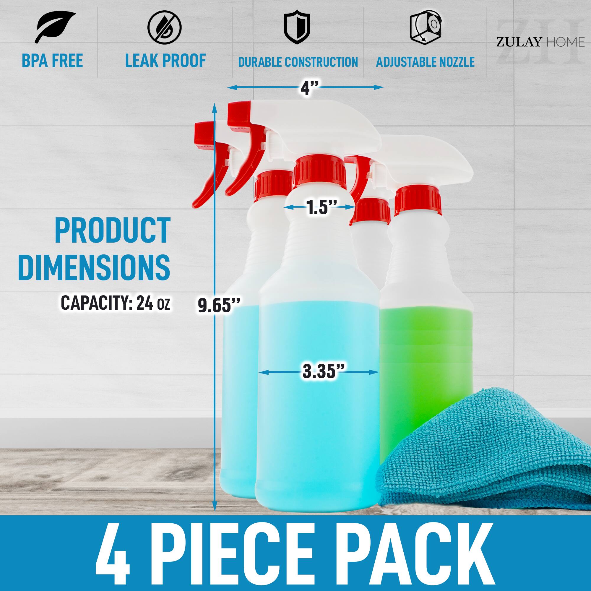 - BPA FREE
- LEAK PROOF
- DURABLE CONSTRUCTION
- ADJUSTABLE NOZZLE

PRODUCT DIMENSIONS
- CAPACITY: 24 OZ
- 9.65" (height)
- 3.35" (width)
- 1.5" (nozzle diameter)

4 PIECE PACK