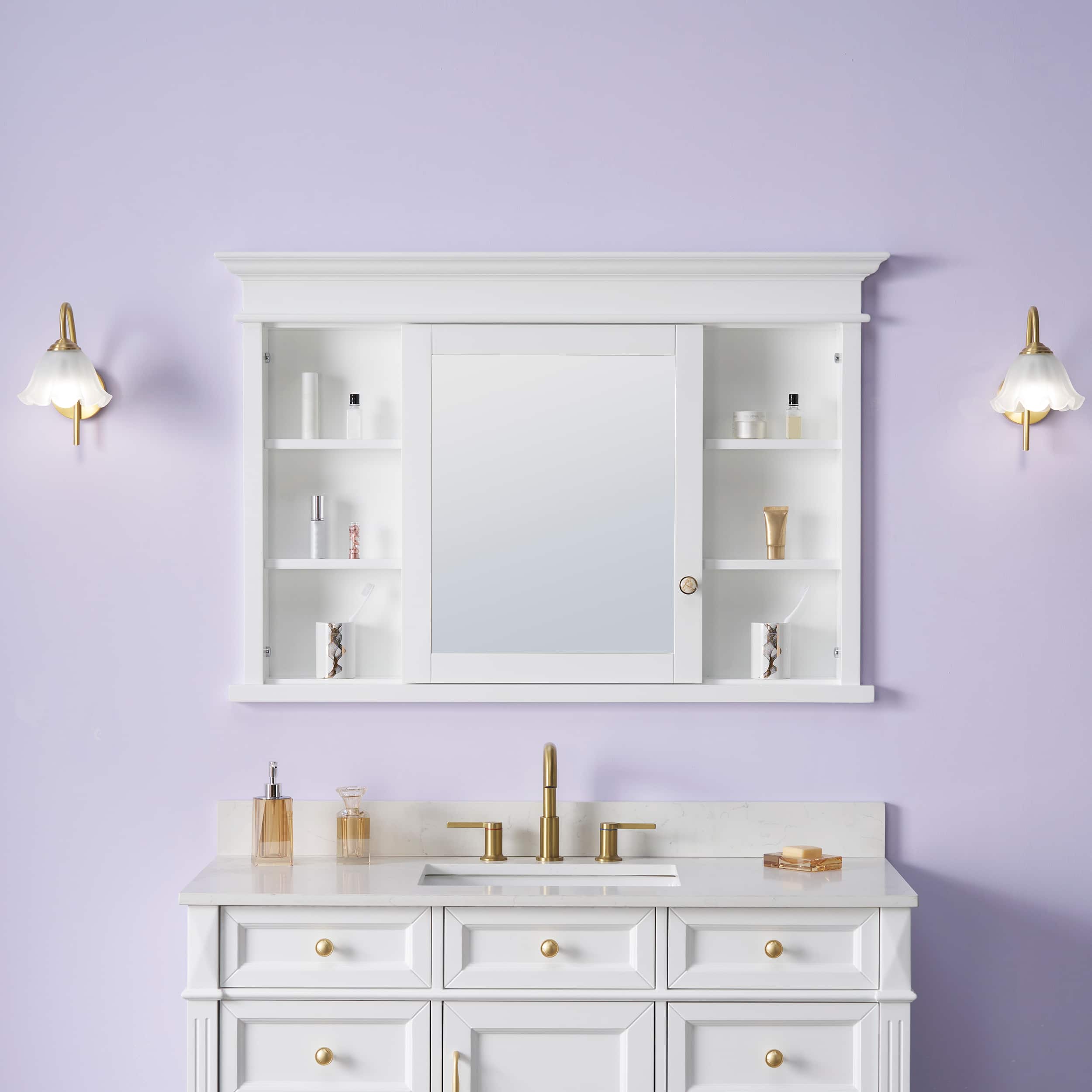 WELLFOR - 48-Inch W x 32-Inch H Recessed Solid Rubberwood Medicine Cabinet with Single Mirrored Door - White
