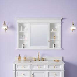WELLFOR - 48-Inch W x 32-Inch H Recessed Solid Rubberwood Medicine Cabinet with Single Mirrored Door - White