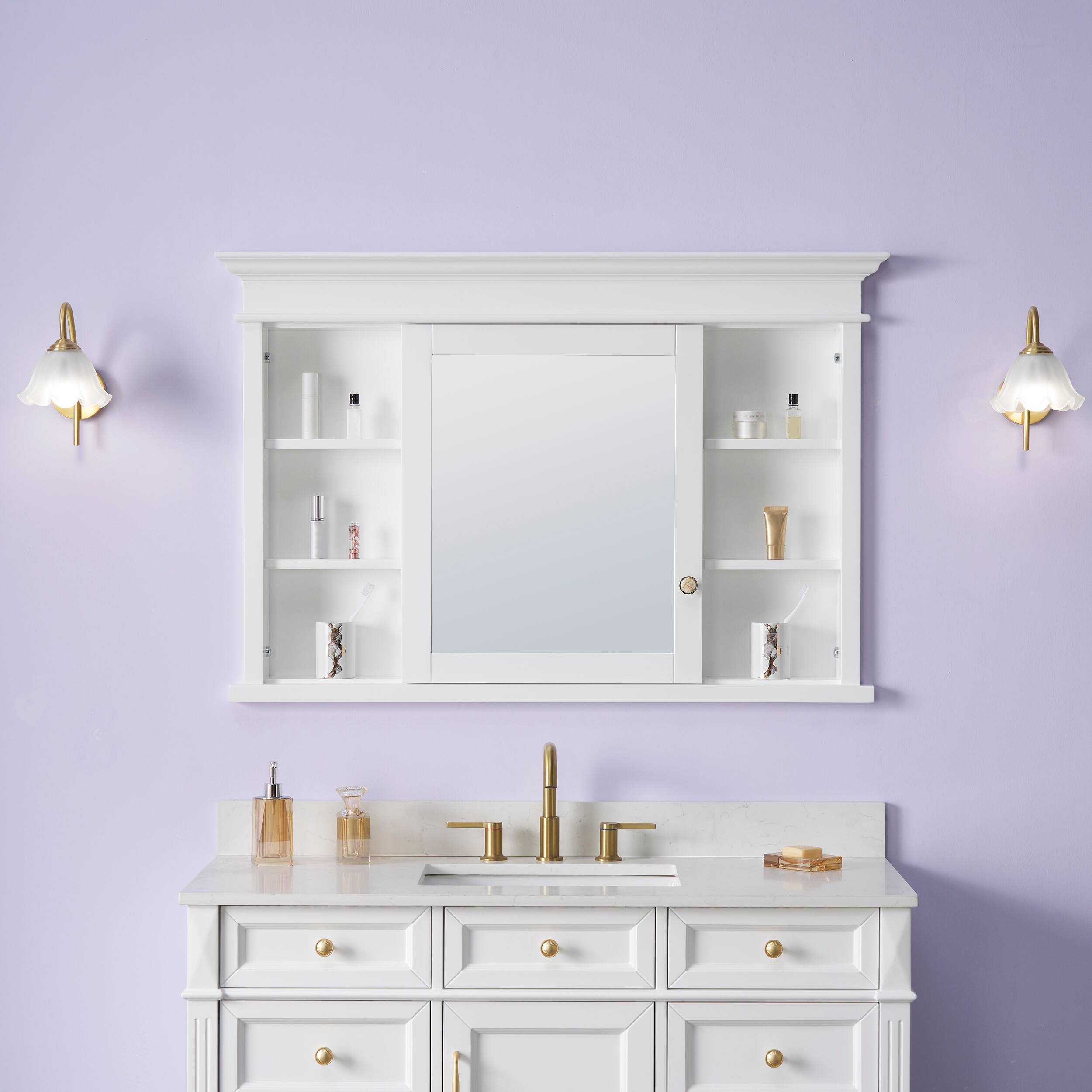 Front. WELLFOR - 48-Inch W x 32-Inch H Recessed Solid Rubberwood Medicine Cabinet with Single Mirrored Door - White.