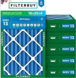 Filterbuy - 16x25x4 MERV 13 Smoke & Allergy Defense, Electrostatic Pleated HVAC AC Furnace Air Filters Replacement (6-Pack) - Blue