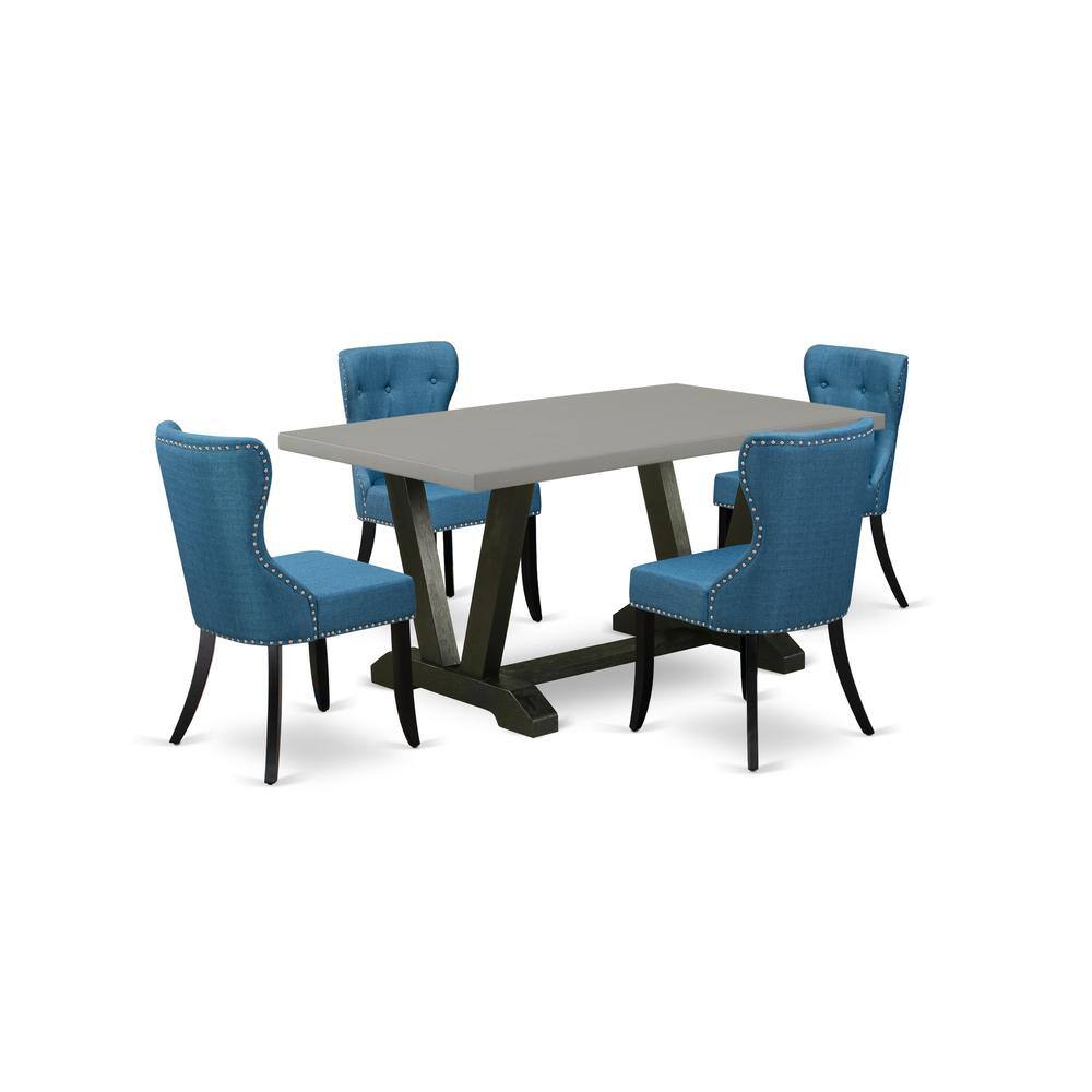 Left. East West Furniture - East West Furniture V696SI121-5 5-Piece Dining Table Set- 4 Upholstered Dining Chairs with Blue Linen Fabric Seat and - Multi-Color.