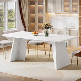 Tribesigns - Dining Table, 63" Modern Kitchen Table with Glossy Tabletop and Double Robust Pedestal, Large Rectangle Wooden Eat - White