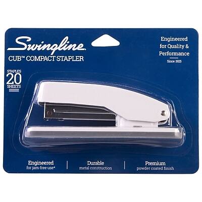 Swingline CUB™ COMPACT STAPLER  
Engineered for Quality & Performance Since 1925  

STAPLES 20 SHEETS  

Engineered for jam-free use  
Durable metal construction  
Premium powder coated finish