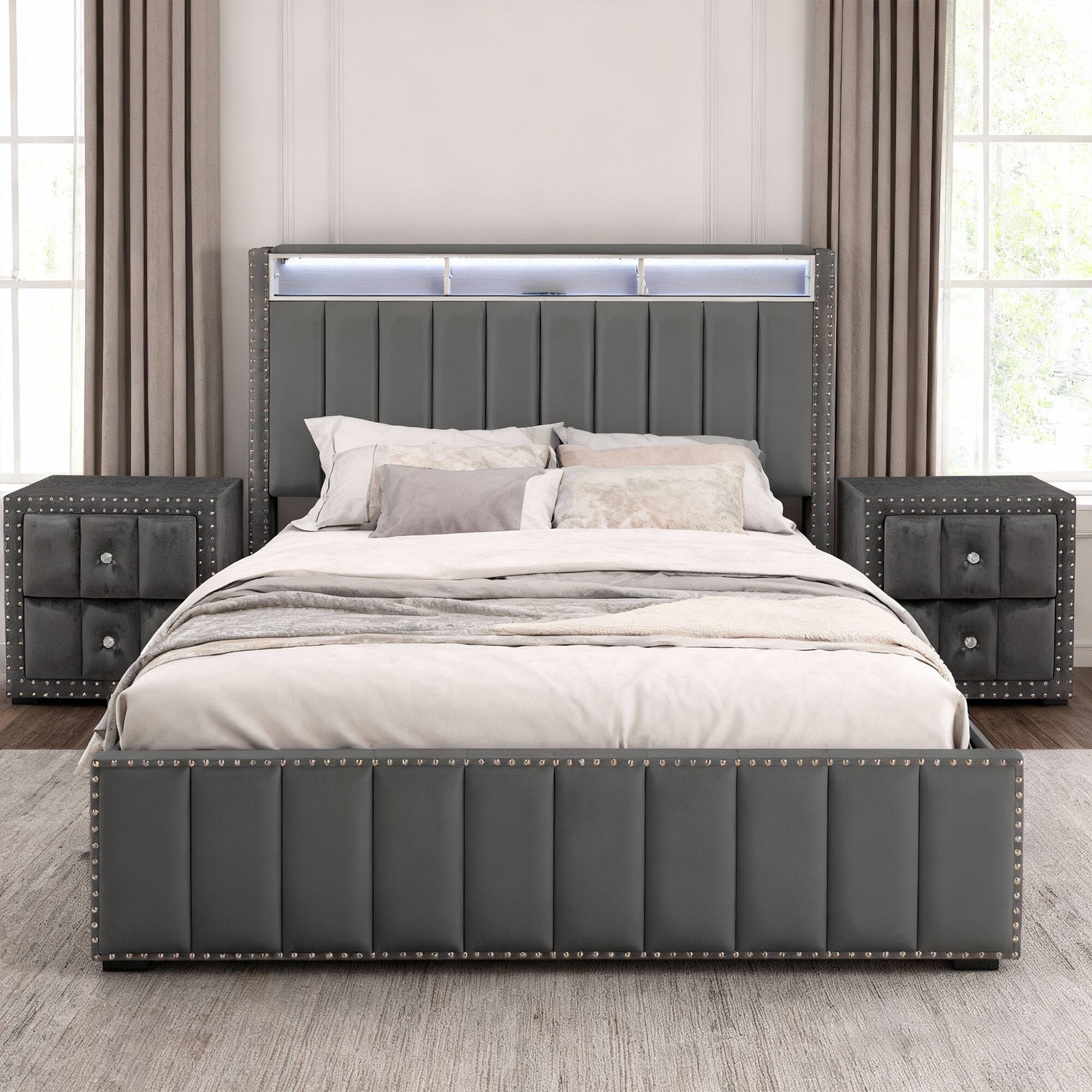 Left. Vaczon - Queen Size Modern Bed with Built-in USB & Power Outlets Platform Bed Frame, Solid & Engineered Wood - Dark Gray.