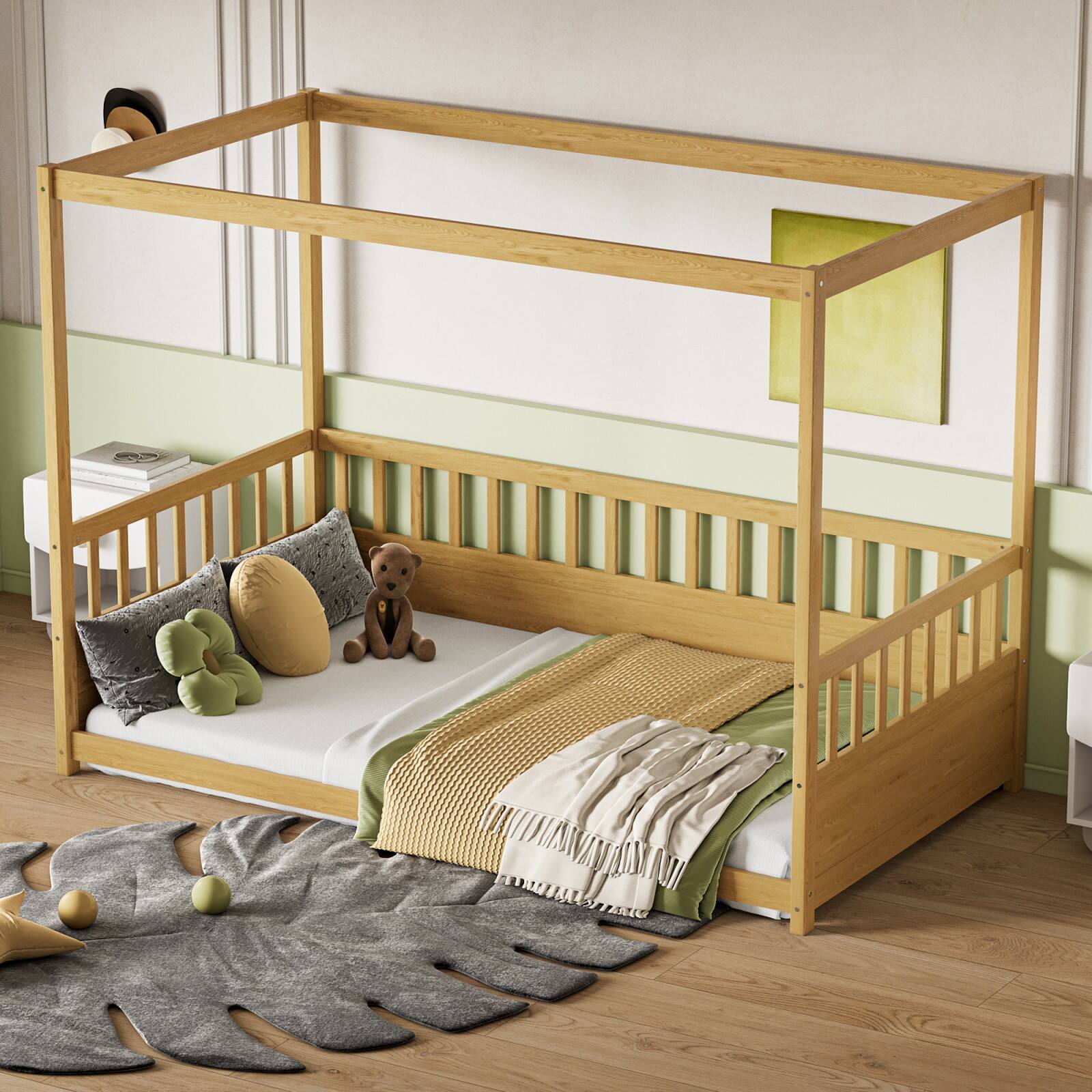 Alt View 3. Ecooso - Twin Size Canopy Bed Frame with Guardrails for Kids,Floor Bed Twin with Four Poster Design，Wood Canopy Bed Frame - Natural Wood.