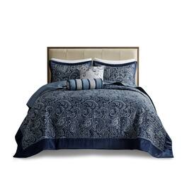 Gracie Mills - Thornton 5-Piece Reversible Jacquard Bedspread Set with Throw Pillows - Navy