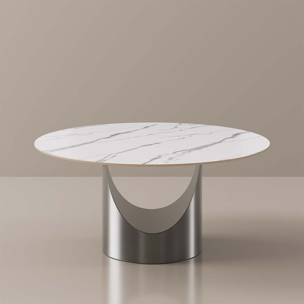 Alt View 4. POVISON - 59" Round White Matte Sintered Stone Dining Table with Gray U-shaped Steel Base - White Matte Sintered Stone with Gray Steel Base.
