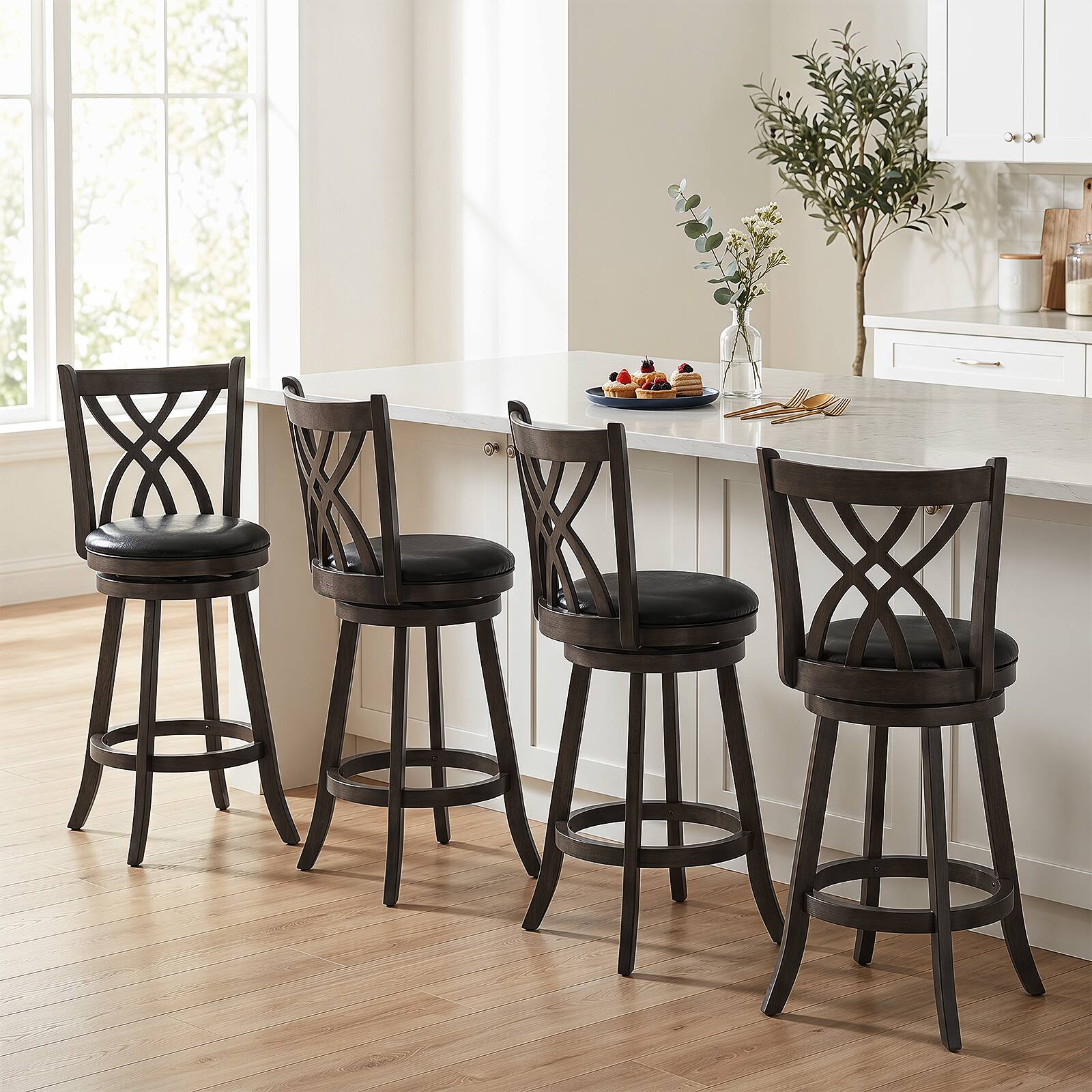 Alt View 3. Costway - Costway 29" Swivel Bar Stool Set of 2 with Rubber Wood Frame, Hollowed Backrest, Footrest - Dark Brown 29".